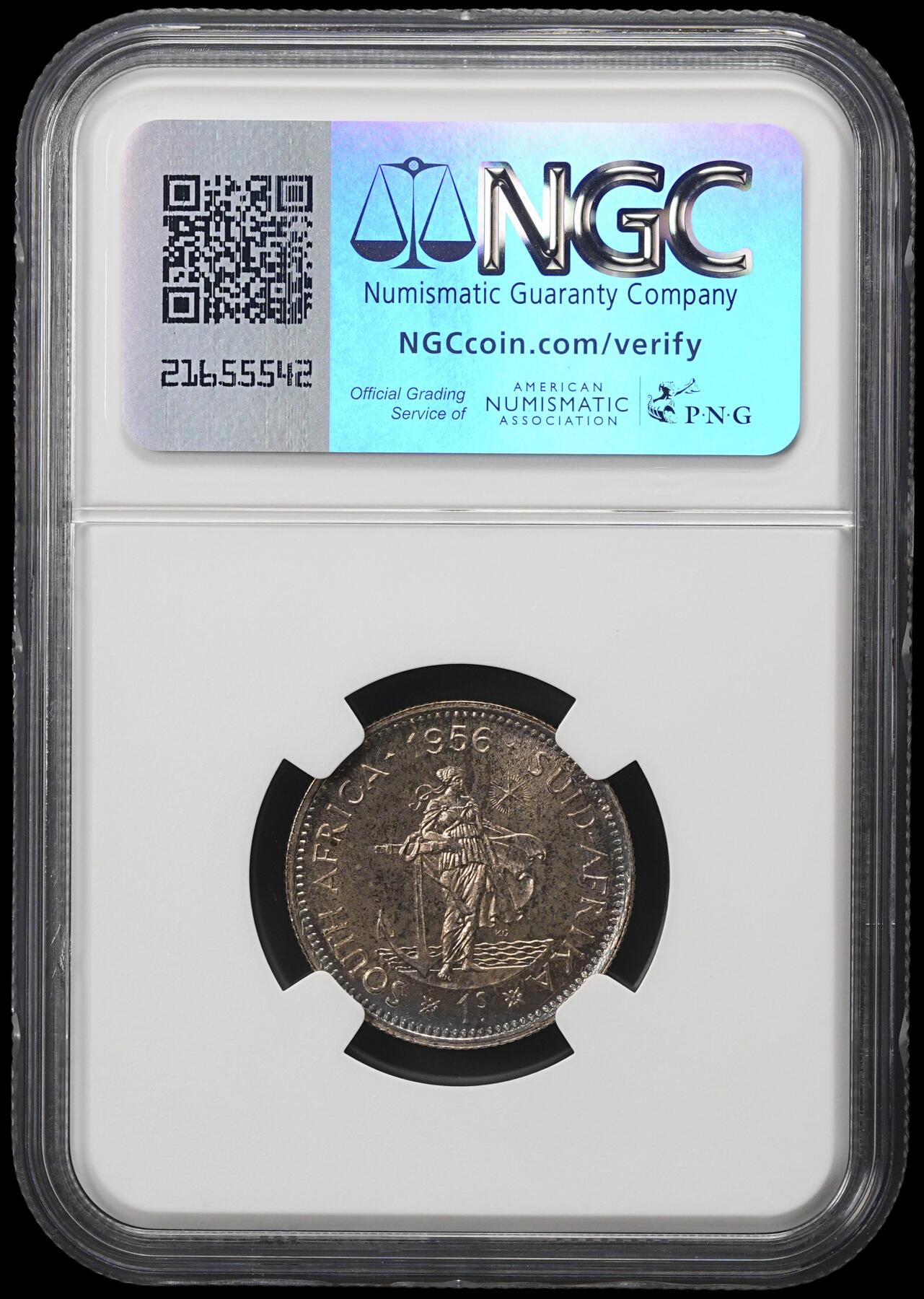 修遠堂世界钱币第四十一期 全场包邮 NGC PF65 1956年南非1先令精制银币 仅铸造1700枚 五彩包浆