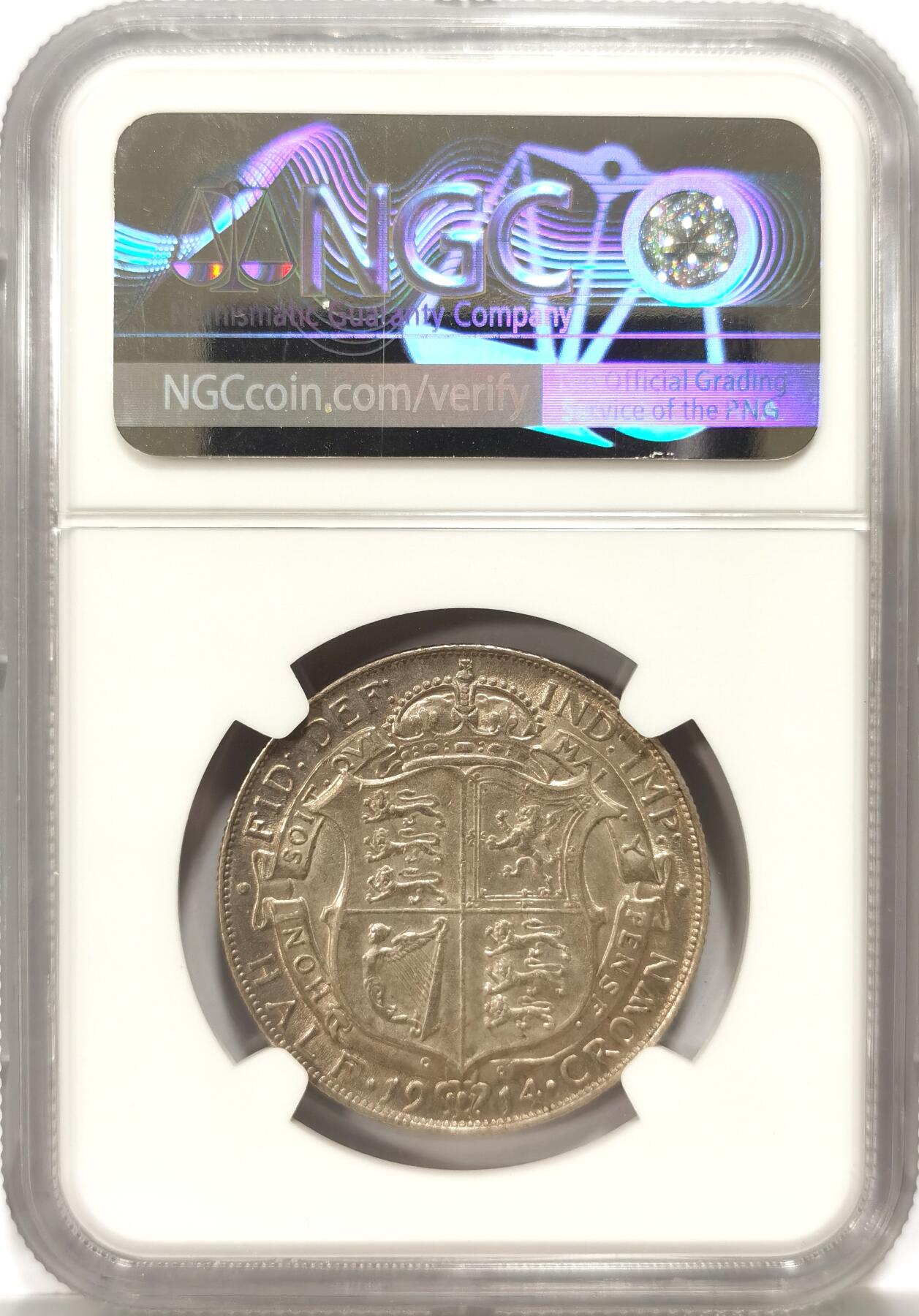 博洋堂世界钱币拍卖第093期（全场包邮） NGC AU58 英国1914年乔治五世1/2克朗银币，高银版，N盒更高评级分数仅有57枚，原味转光
