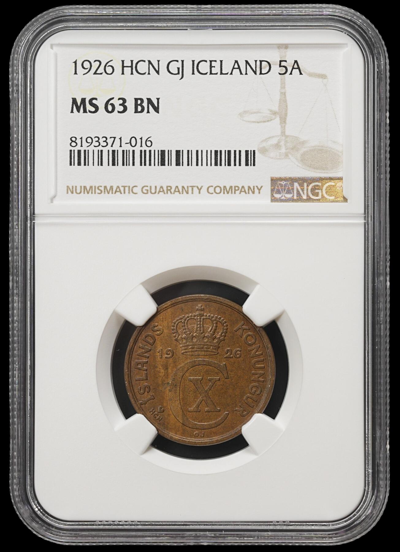 修遠堂世界钱币第四十一期 全场包邮 NGC MS63BN 1926年冰岛5奥拉铜币