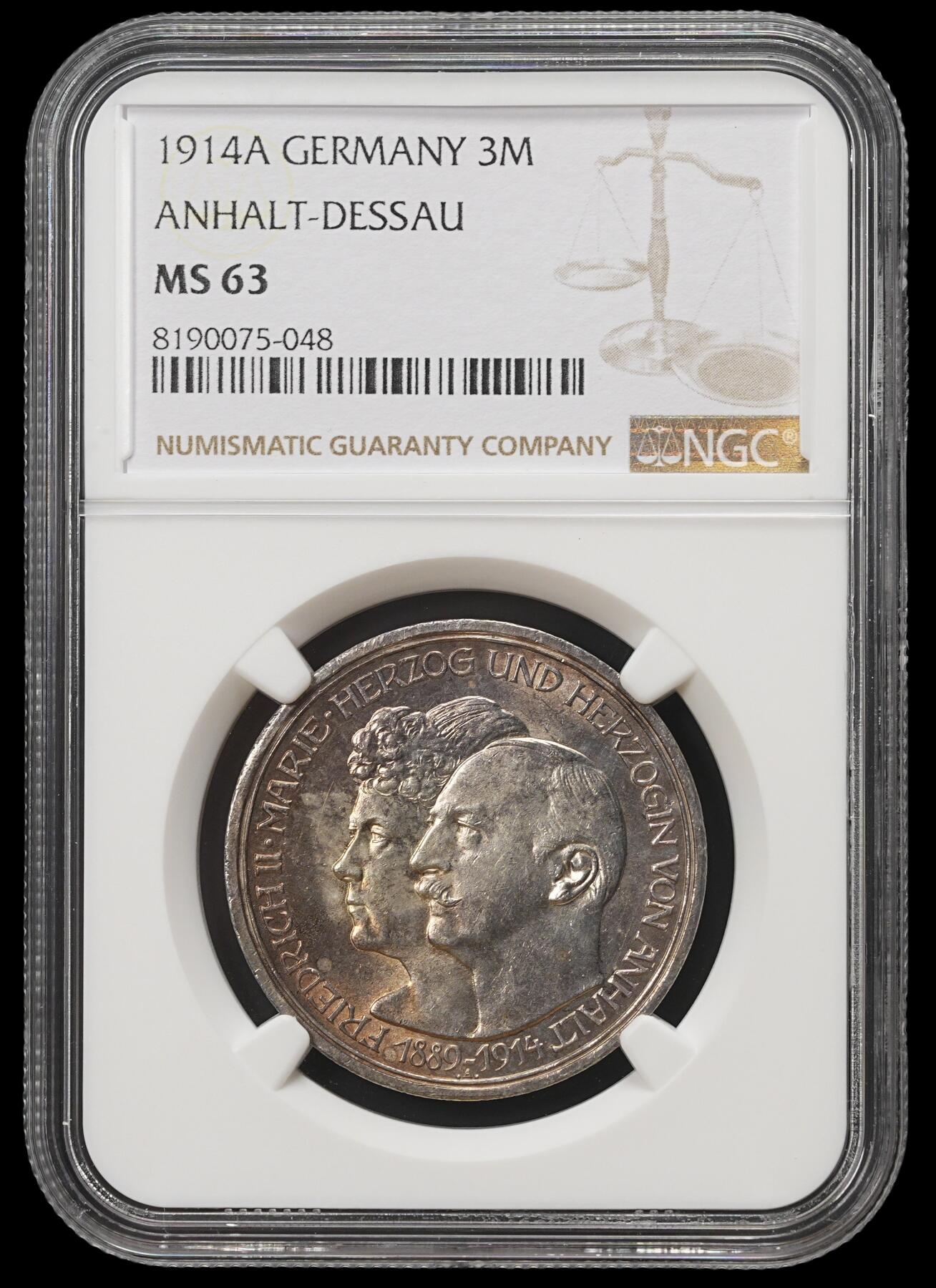 修遠堂世界钱币第四十一期 全场包邮 NGC MS63 1914年安哈尔特-德绍公国大公银婚纪念3马克银币