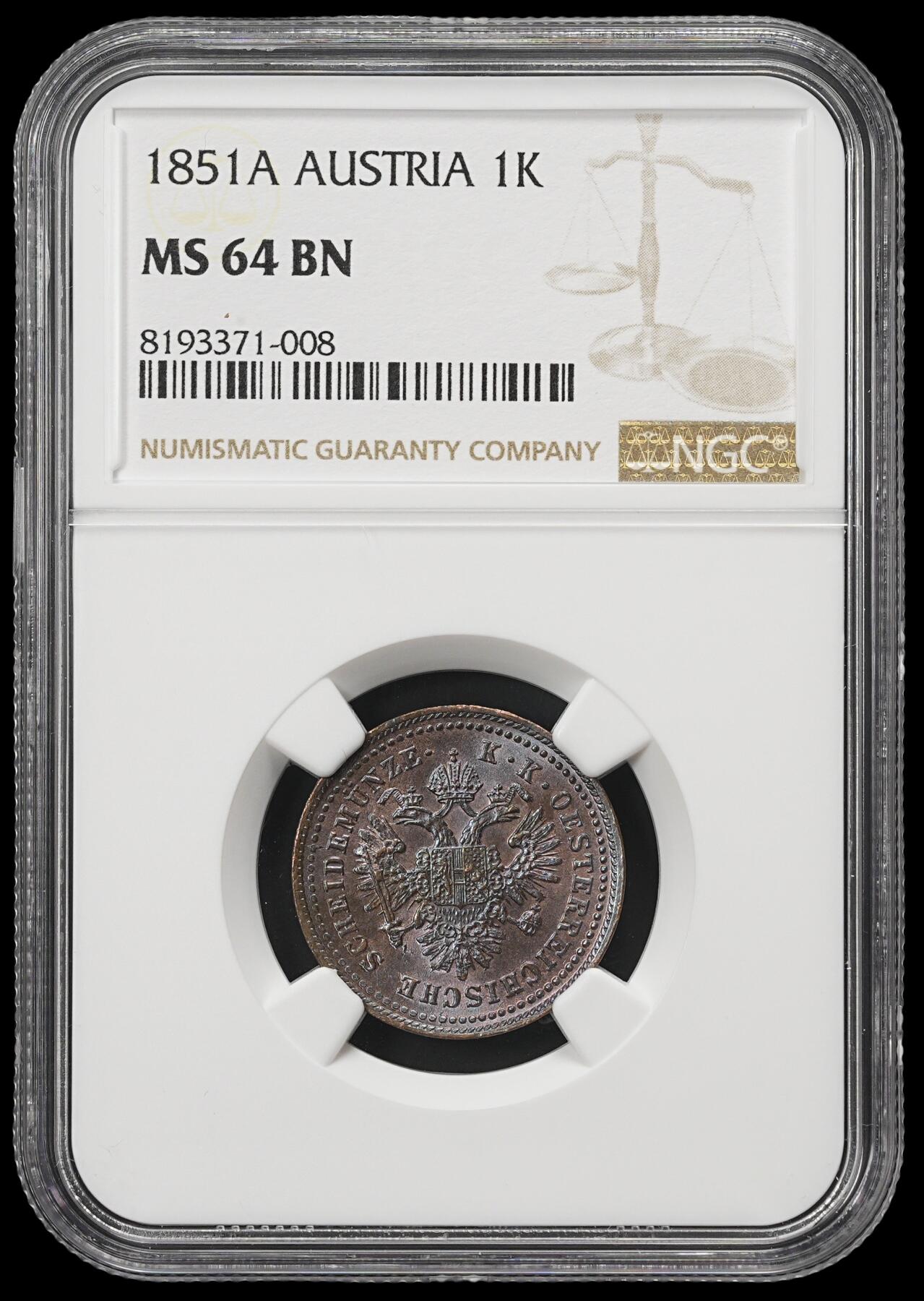 修遠堂世界钱币第四十一期 全场包邮 NGC MS64BN 1851年奥匈帝国1克鲁泽铜币