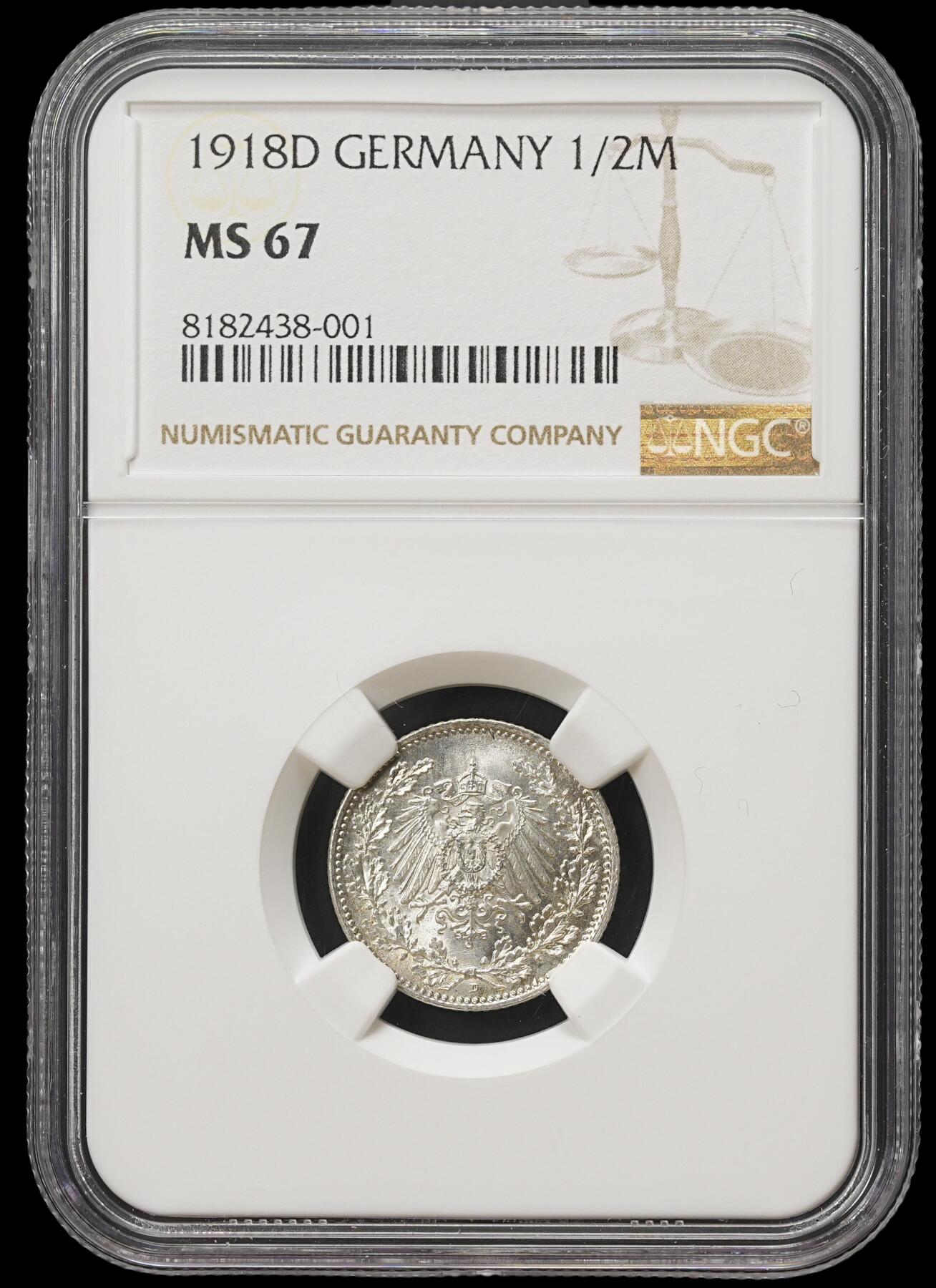 修遠堂世界钱币第四十一期 全场包邮 NGC MS67 1918年德国1/2马克银币