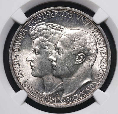 修遠堂世界钱币第四十一期 全场包邮 - NGC MS64 1910年萨克森-魏玛-艾森纳赫大公结婚纪念3马克银币