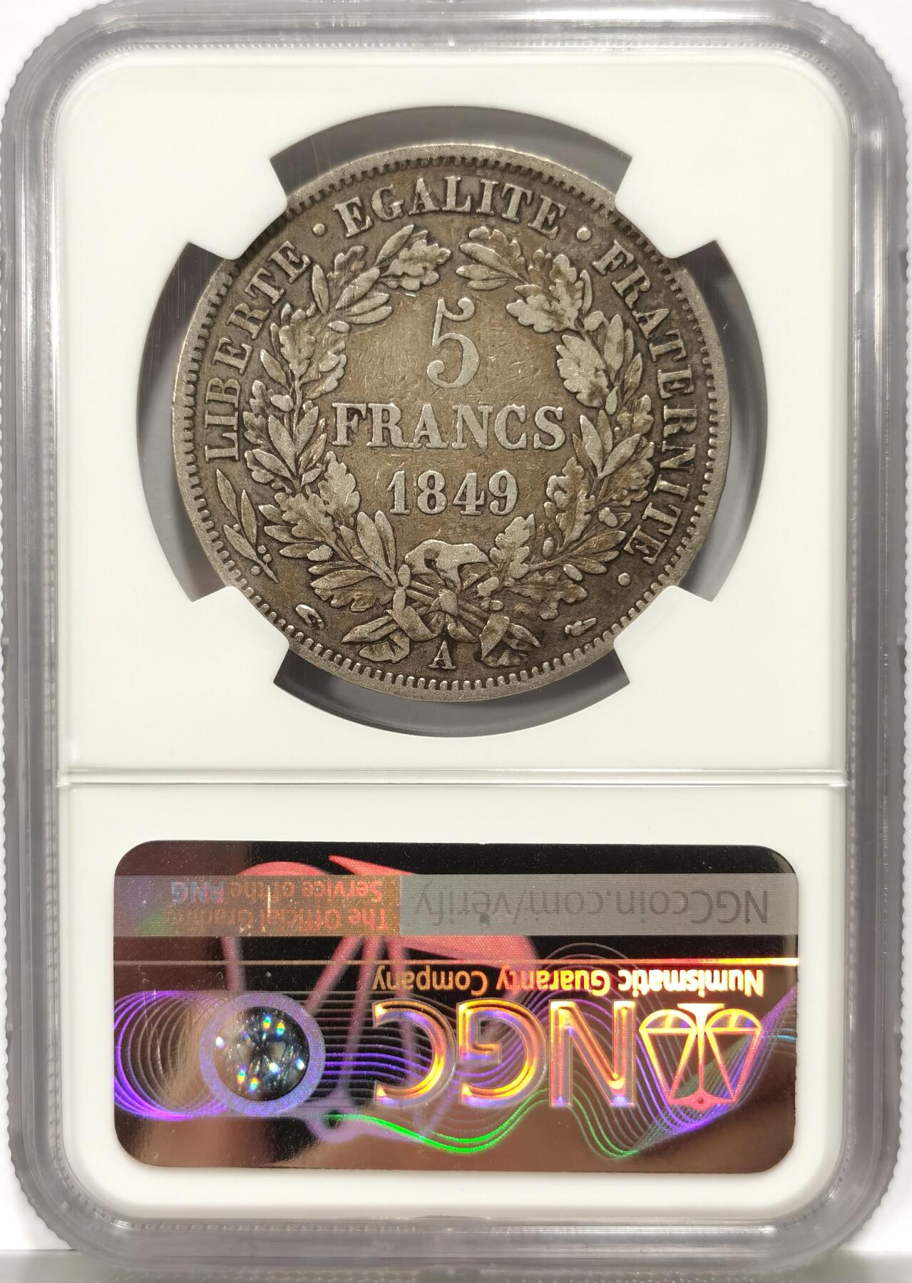 博洋堂世界钱币拍卖第093期（全场包邮） NGC XF40 法国1849年谷物女神5法郎大银币，少见A版N盒更高评级分数仅有73枚，原味带黄油光