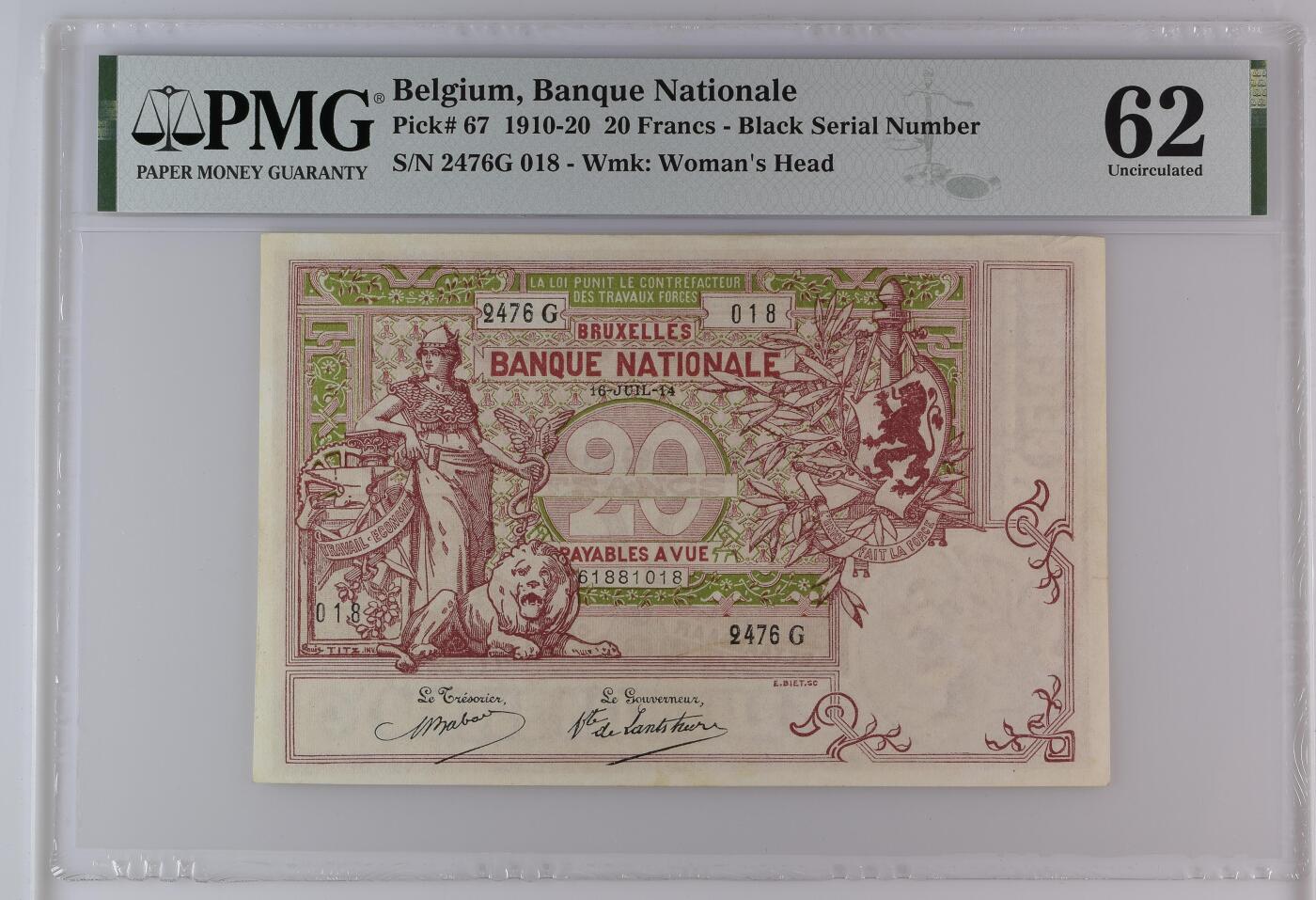 收藏联盟Quantum Auction 第380期拍卖  比利时1910-20年20法郎 PMG62 