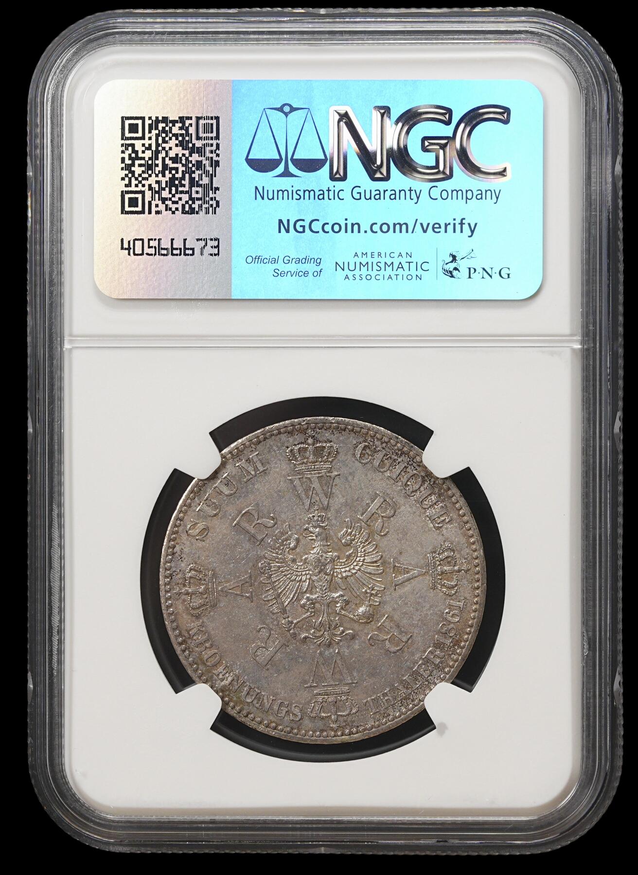 修遠堂世界钱币第四十一期 全场包邮 NGC AU58 1861年普鲁士威廉一世加冕1泰勒银币 五彩