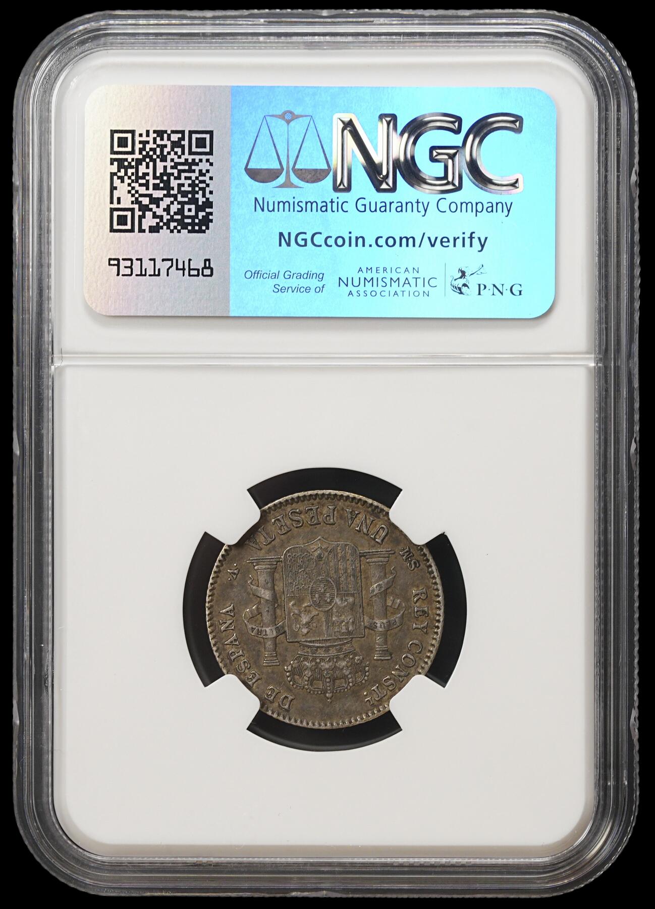 修遠堂世界钱币第四十一期 全场包邮 NGC AU50 1901年西班牙双柱1比塞塔银币