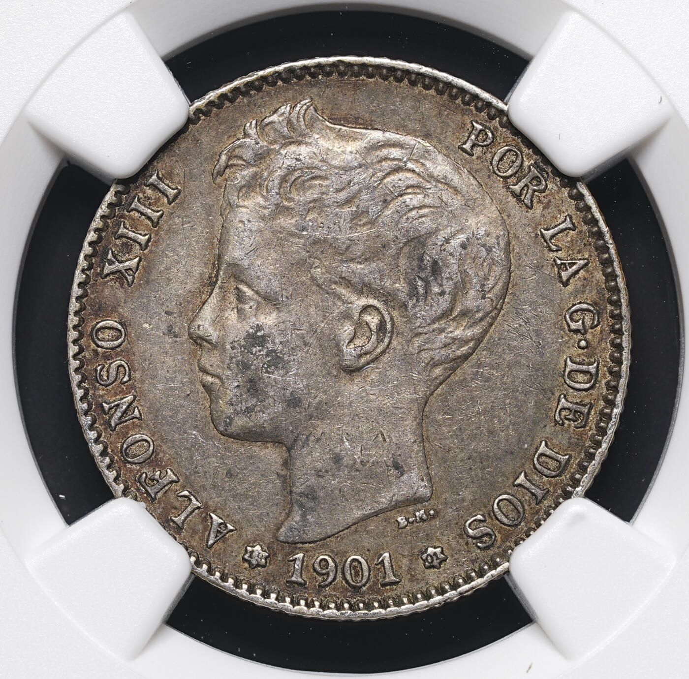 修遠堂世界钱币第四十一期 全场包邮 NGC AU50 1901年西班牙双柱1比塞塔银币