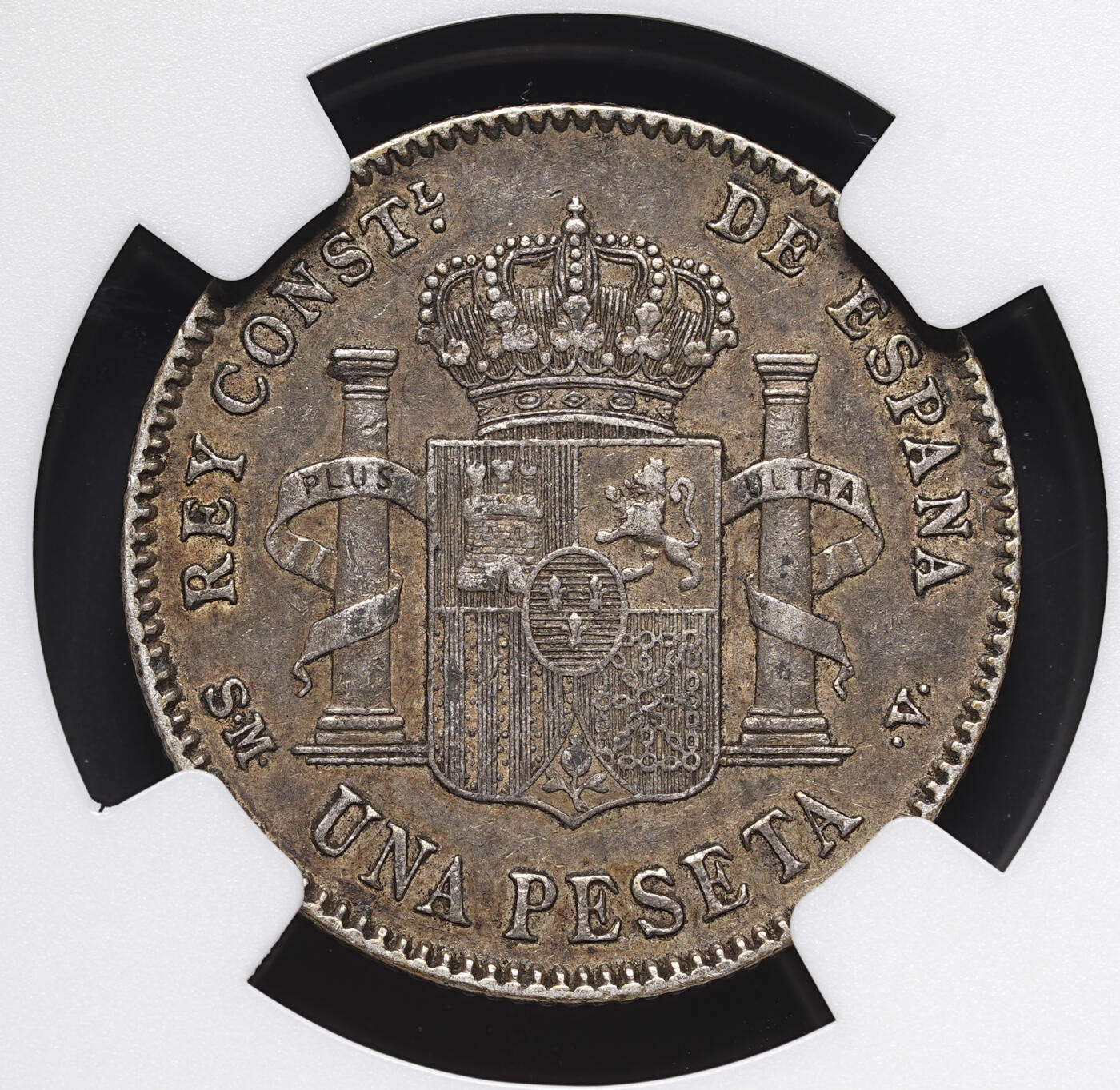 修遠堂世界钱币第四十一期 全场包邮 NGC AU50 1901年西班牙双柱1比塞塔银币