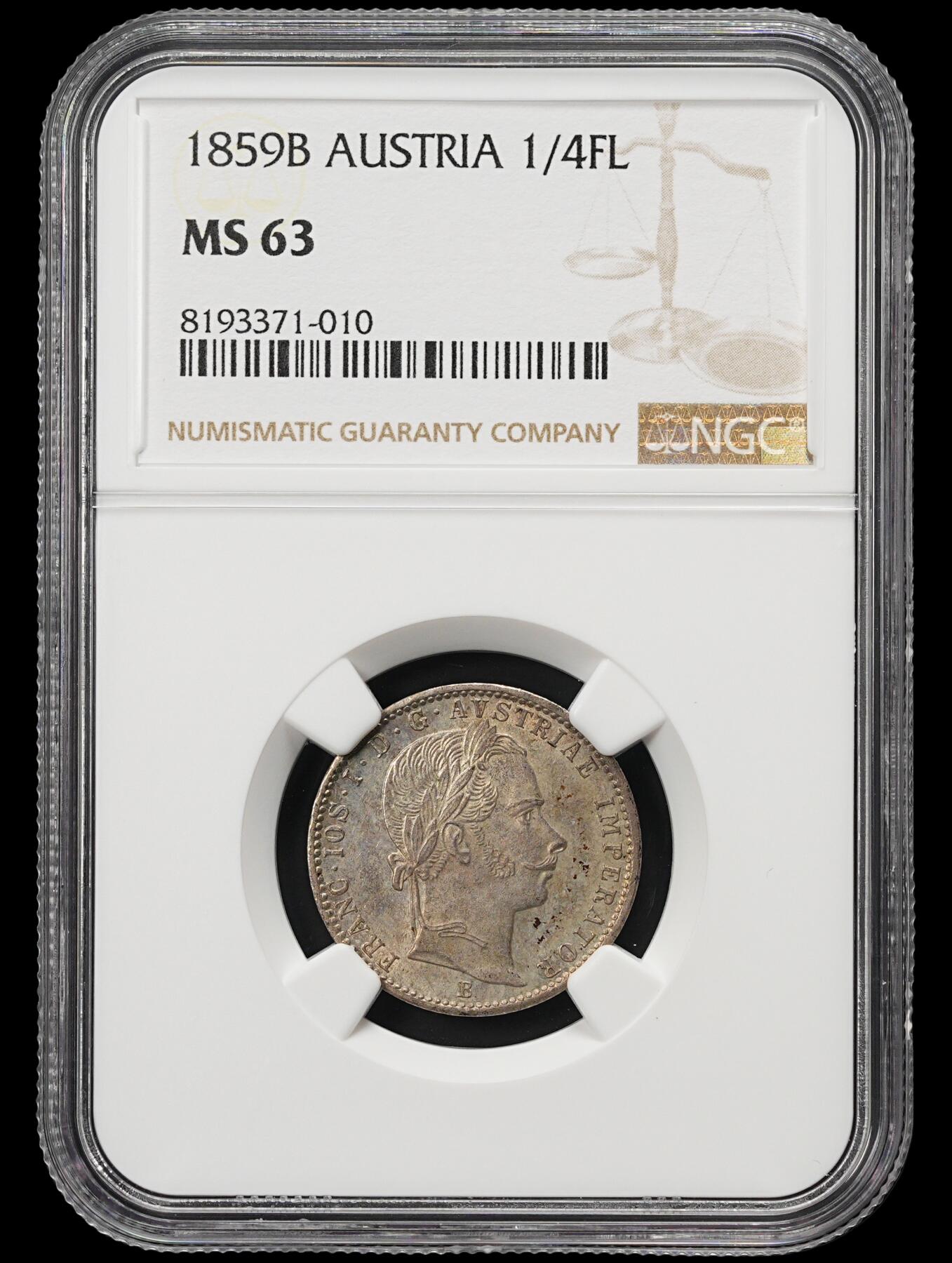 修遠堂世界钱币第四十一期 全场包邮 NGC MS63 1859年奥匈帝国1/4弗罗林银币