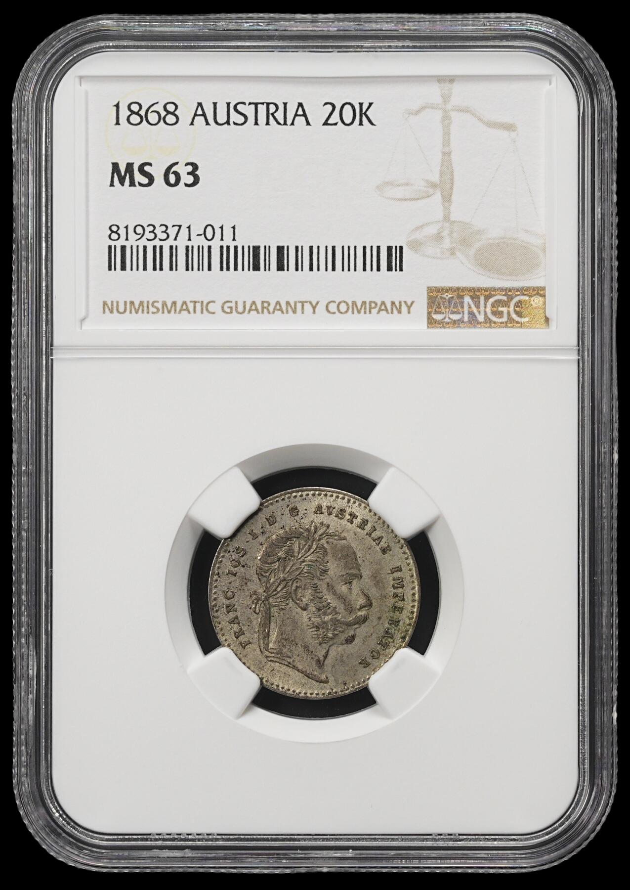 修遠堂世界钱币第四十一期 全场包邮 NGC MS63 1868年奥匈帝国20克鲁泽银币