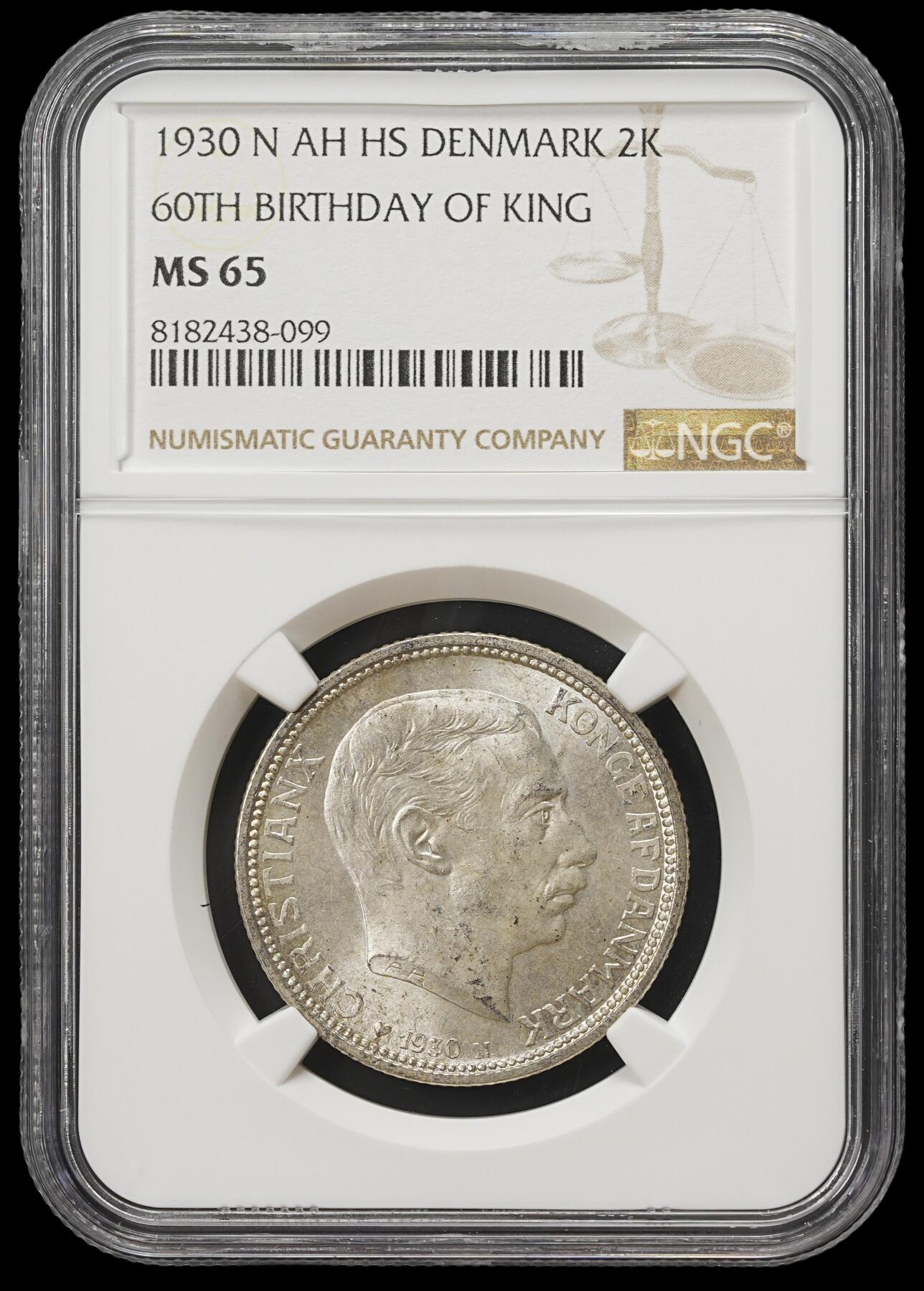 修遠堂世界钱币第四十一期 全场包邮 NGC MS65 1930年丹麦国王60大寿纪念2克朗银币