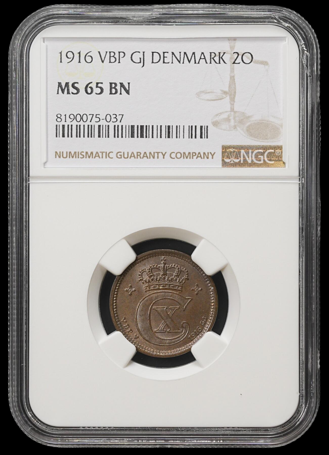 修遠堂世界钱币第四十一期 全场包邮 NGC MS65BN 1916年丹麦2欧尔铜币