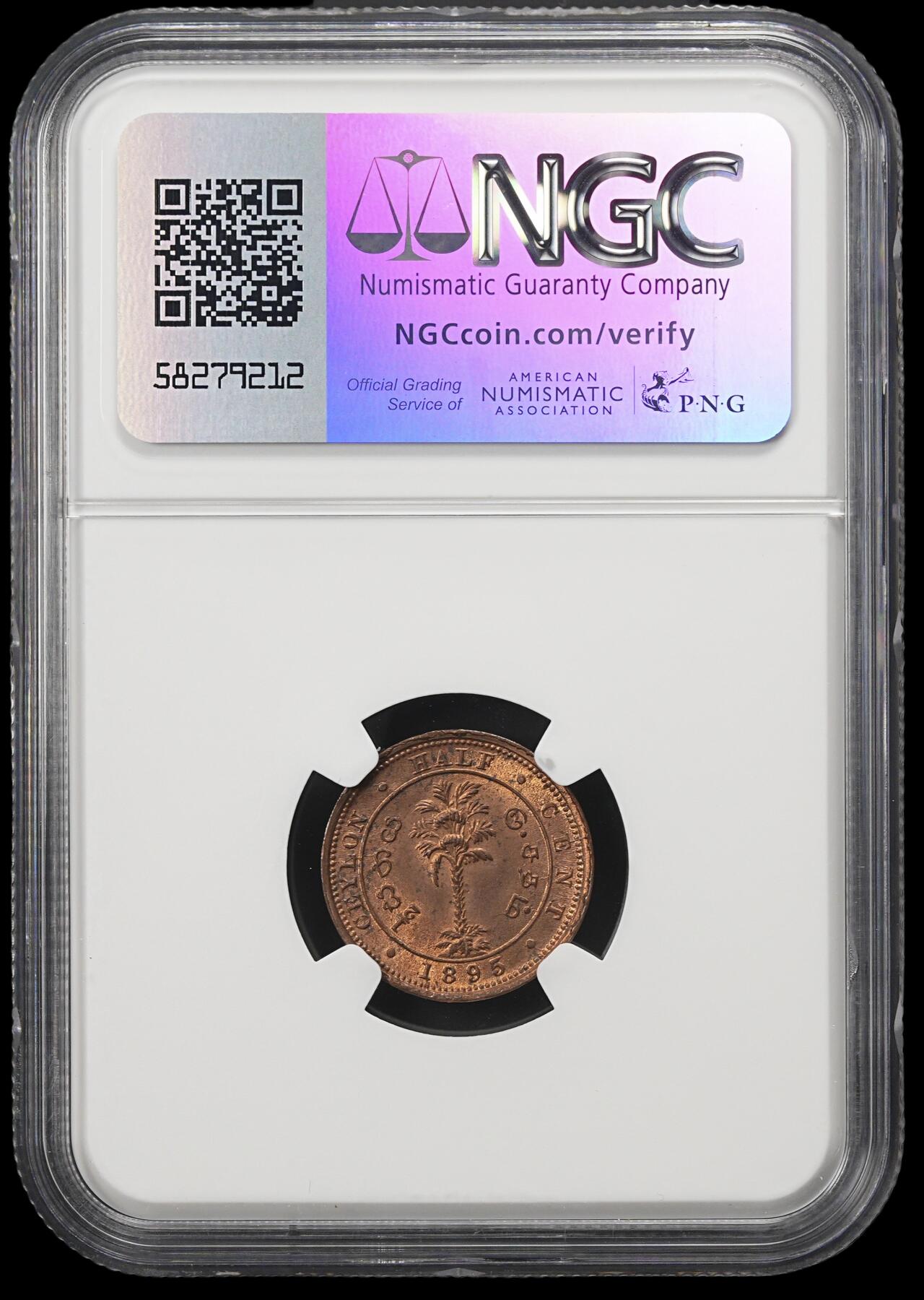 修遠堂世界钱币第四十一期 全场包邮 NGC MS64RB 1895年英属锡兰1/2分铜币