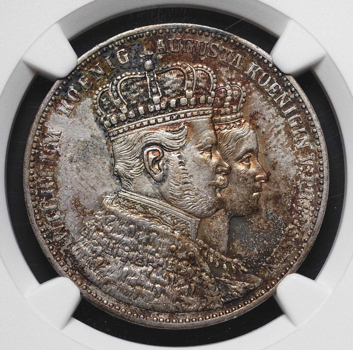 修遠堂世界钱币第四十一期 全场包邮 NGC AU58 1861年普鲁士威廉一世加冕1泰勒银币 五彩