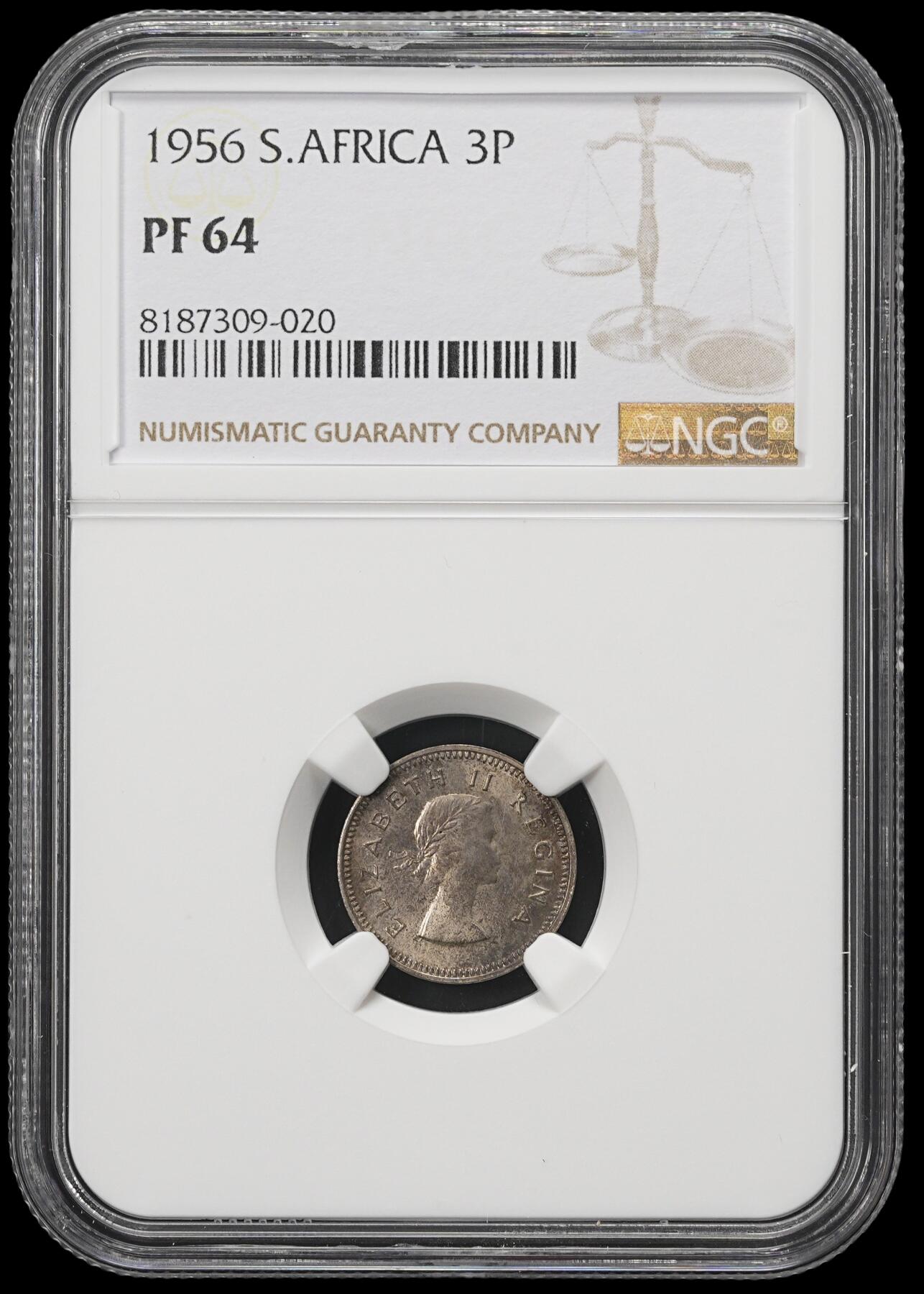 修遠堂世界钱币第四十一期 全场包邮 NGC PF64 1956年南非3便士精制银币 仅铸造1700枚 五彩包浆