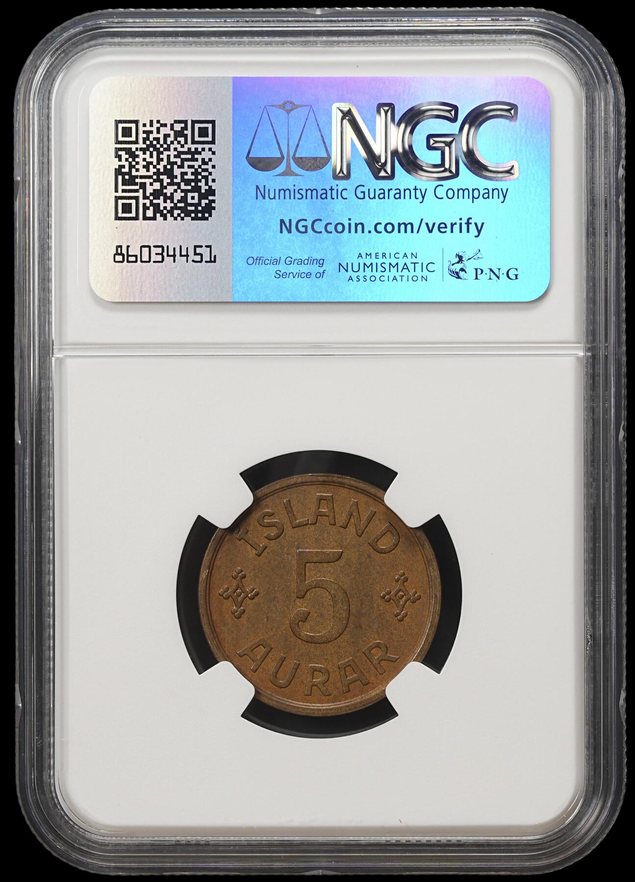 修遠堂世界钱币第四十一期 全场包邮 NGC MS63BN 1926年冰岛5奥拉铜币