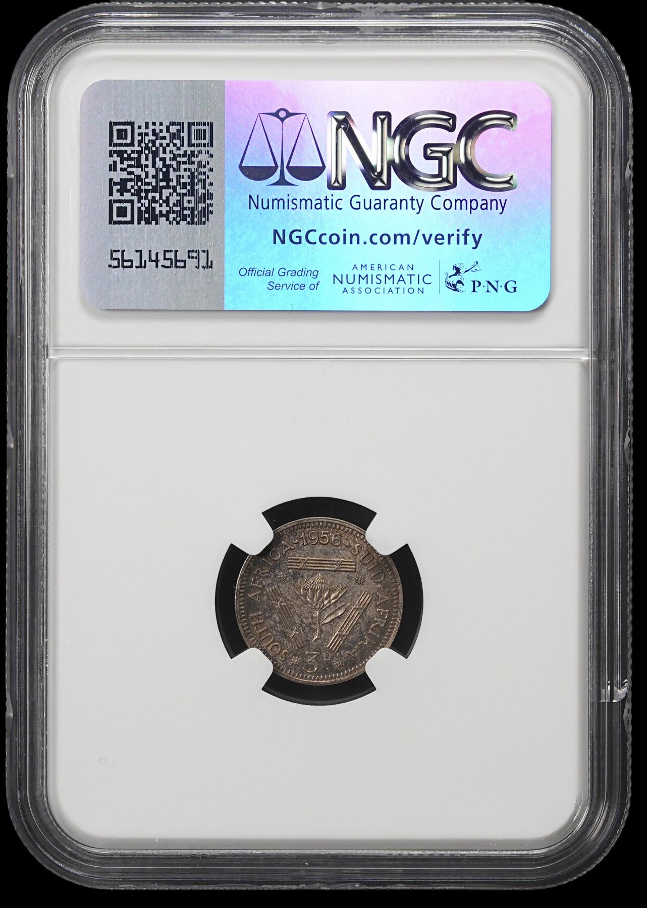 修遠堂世界钱币第四十一期 全场包邮 NGC PF64 1956年南非3便士精制银币 仅铸造1700枚 五彩包浆