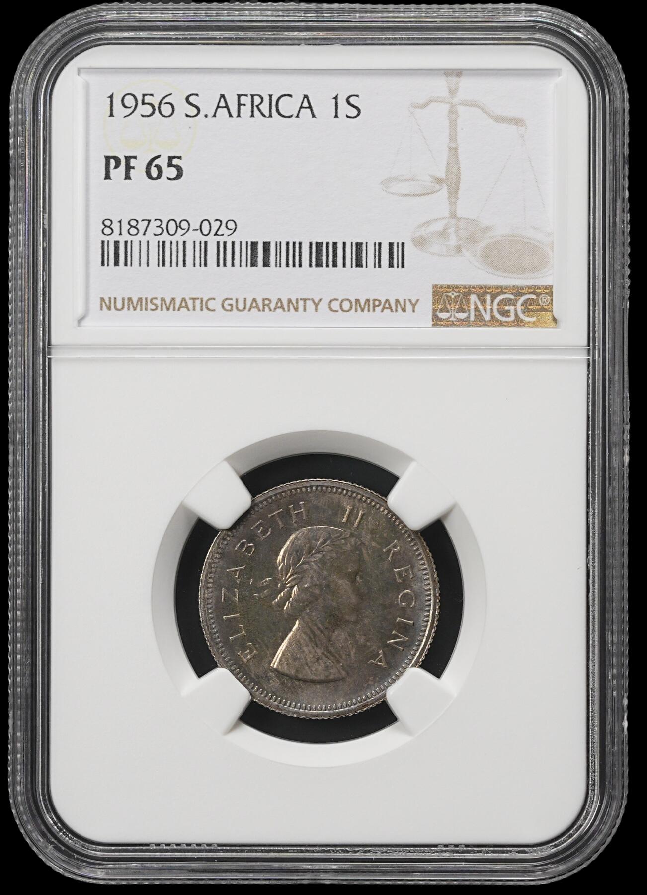 修遠堂世界钱币第四十一期 全场包邮 NGC PF65 1956年南非1先令精制银币 仅铸造1700枚 五彩包浆