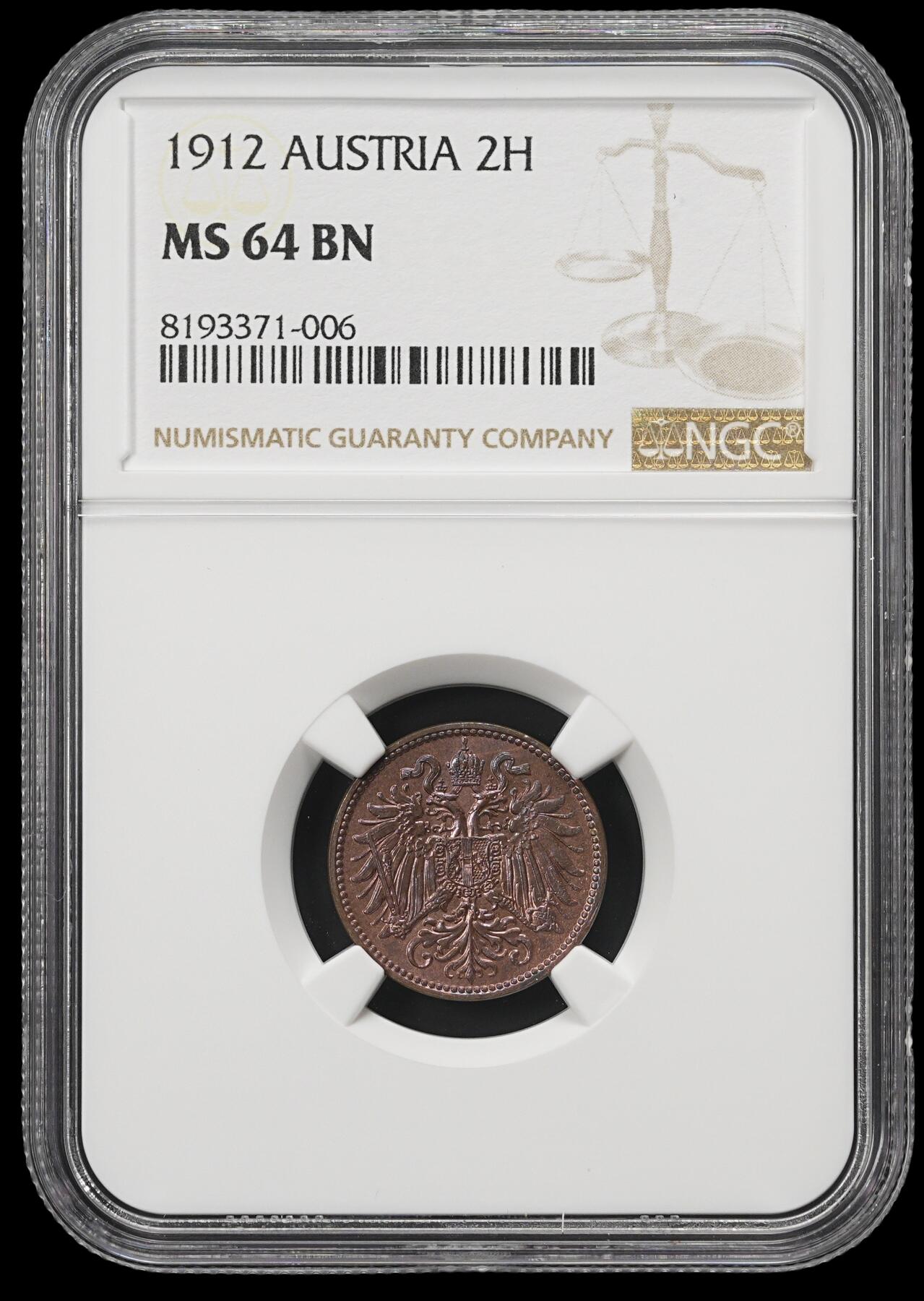 修遠堂世界钱币第四十一期 全场包邮 NGC MS64BN 1912年奥匈帝国2Heller 铜币
