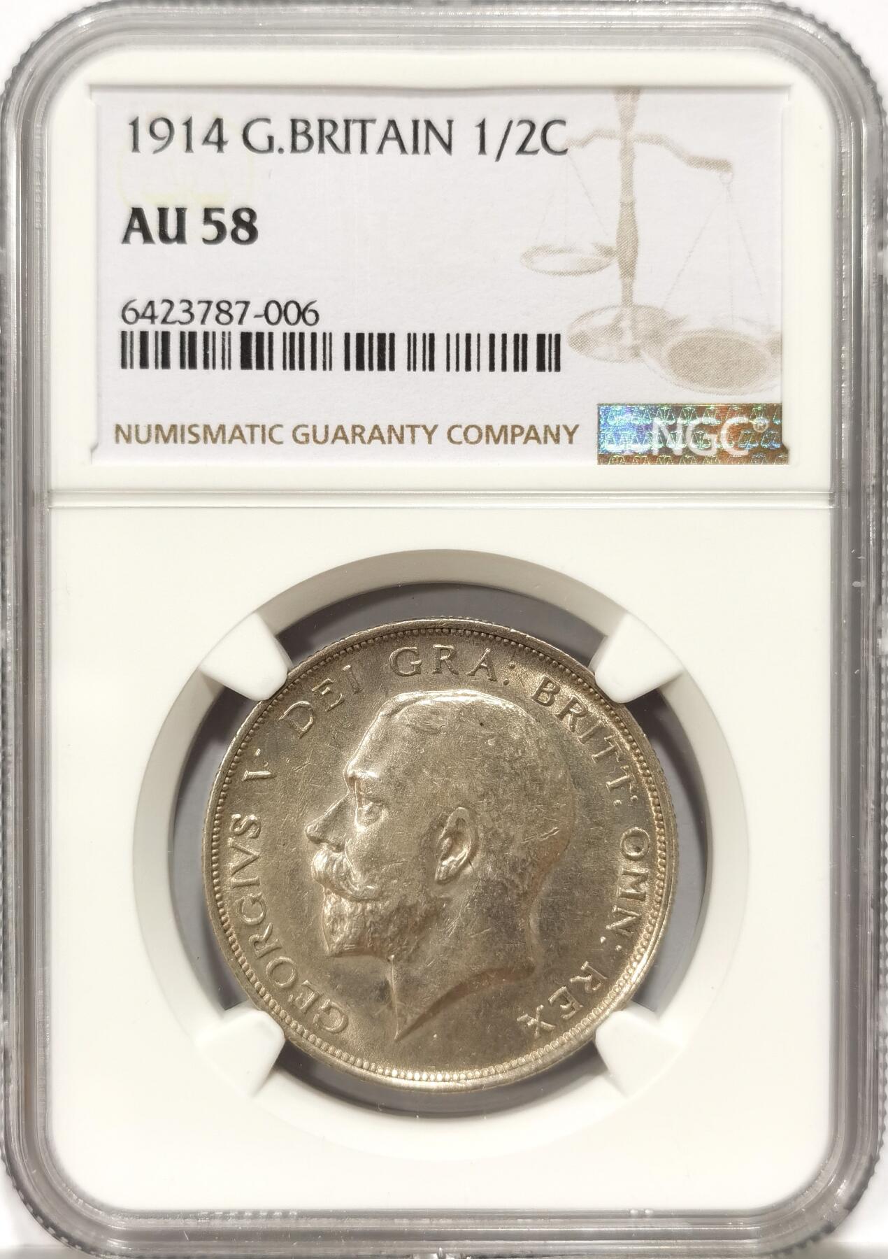 博洋堂世界钱币拍卖第093期（全场包邮） NGC AU58 英国1914年乔治五世1/2克朗银币，高银版，N盒更高评级分数仅有57枚，原味转光