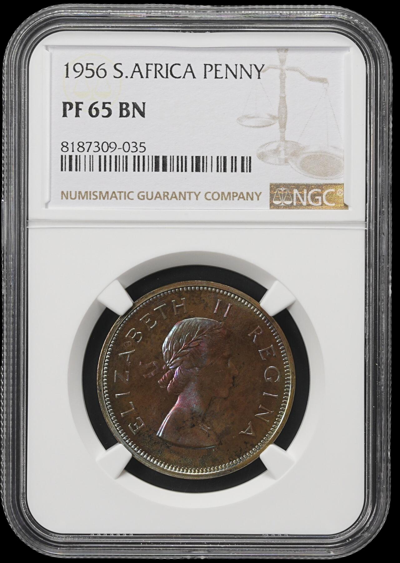 修遠堂世界钱币第四十一期 全场包邮 NGC PF65BN 1956年南非1便士精制铜币 仅铸造1700枚 五彩包浆