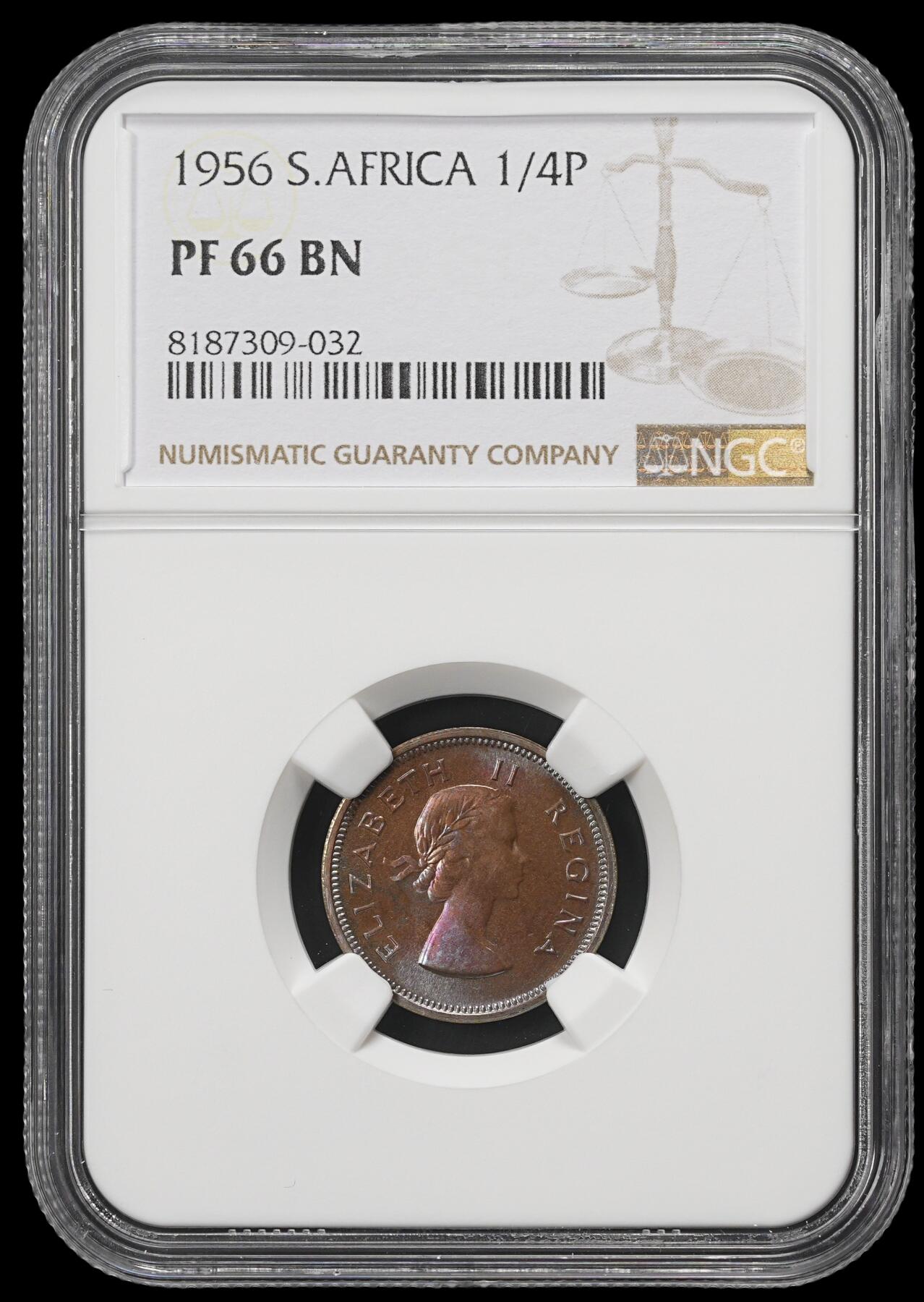 修遠堂世界钱币第四十一期 全场包邮 NGC PF66BN 1956年南非1/4便士精制铜币 仅铸造1700枚 五彩包浆