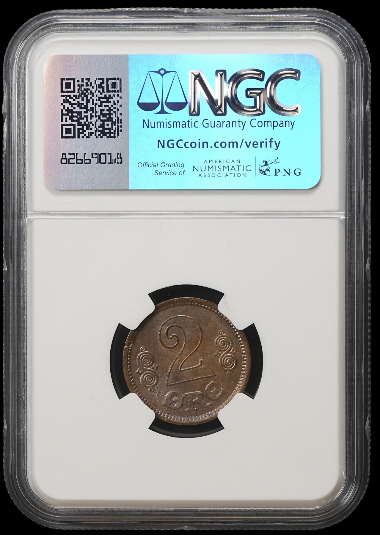 修遠堂世界钱币第四十一期 全场包邮 NGC MS65BN 1916年丹麦2欧尔铜币