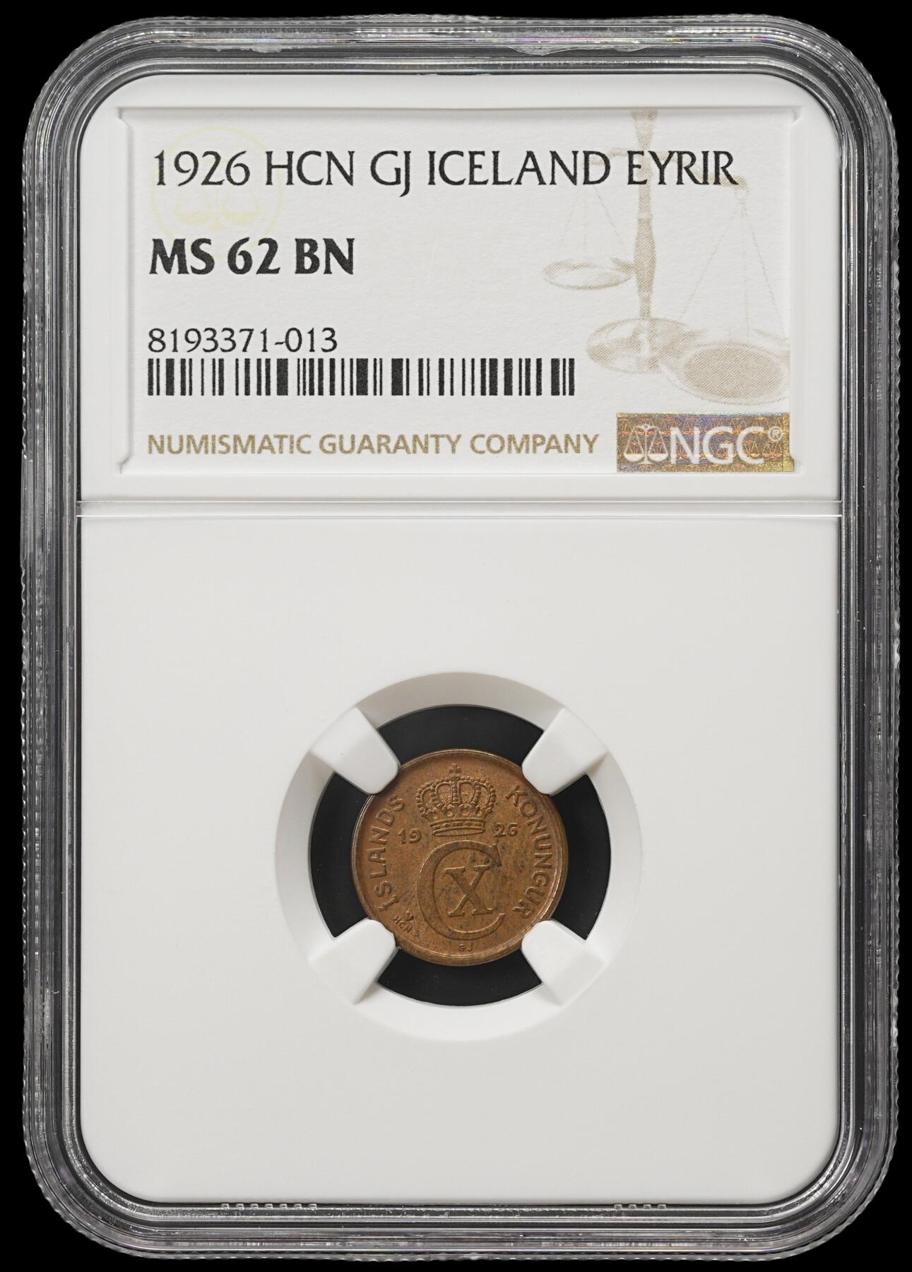 修遠堂世界钱币第四十一期 全场包邮 NGC MS62BN 1926年冰岛1奥拉铜币