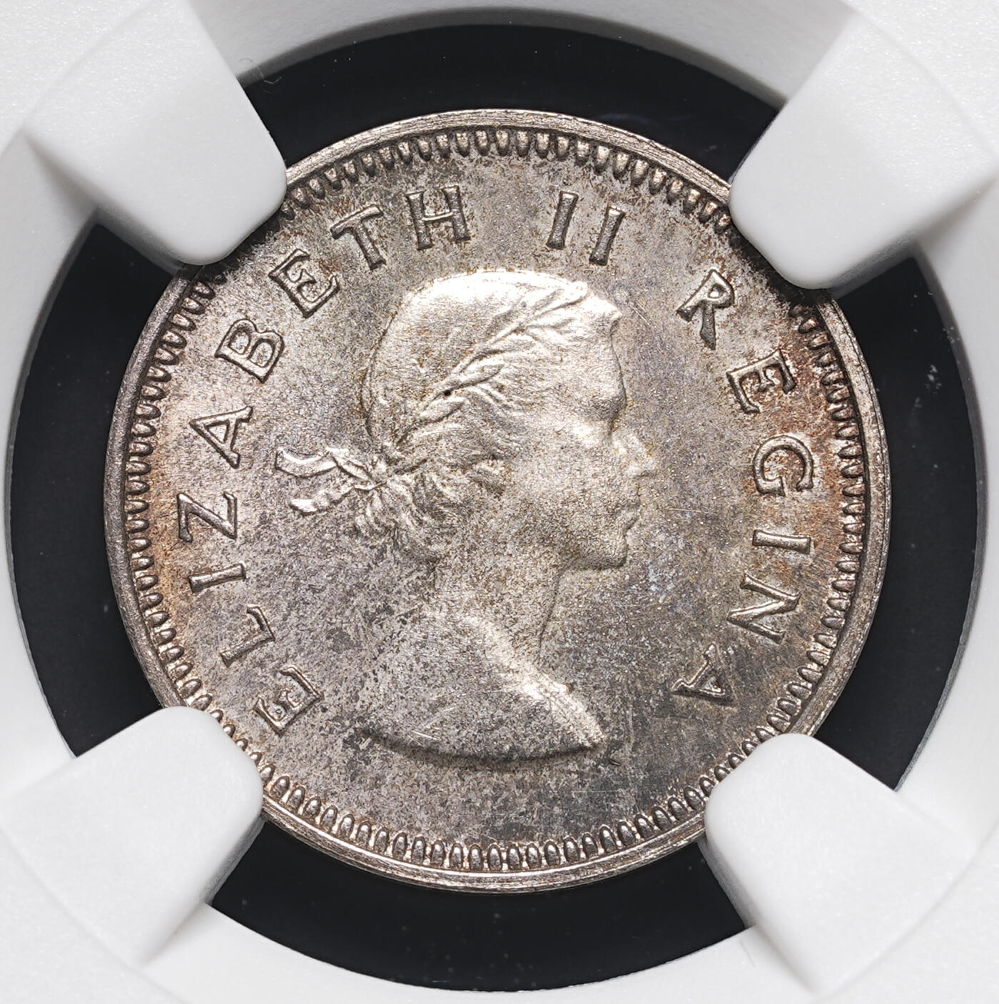 修遠堂世界钱币第四十一期 全场包邮 NGC PF64 1956年南非3便士精制银币 仅铸造1700枚 五彩包浆