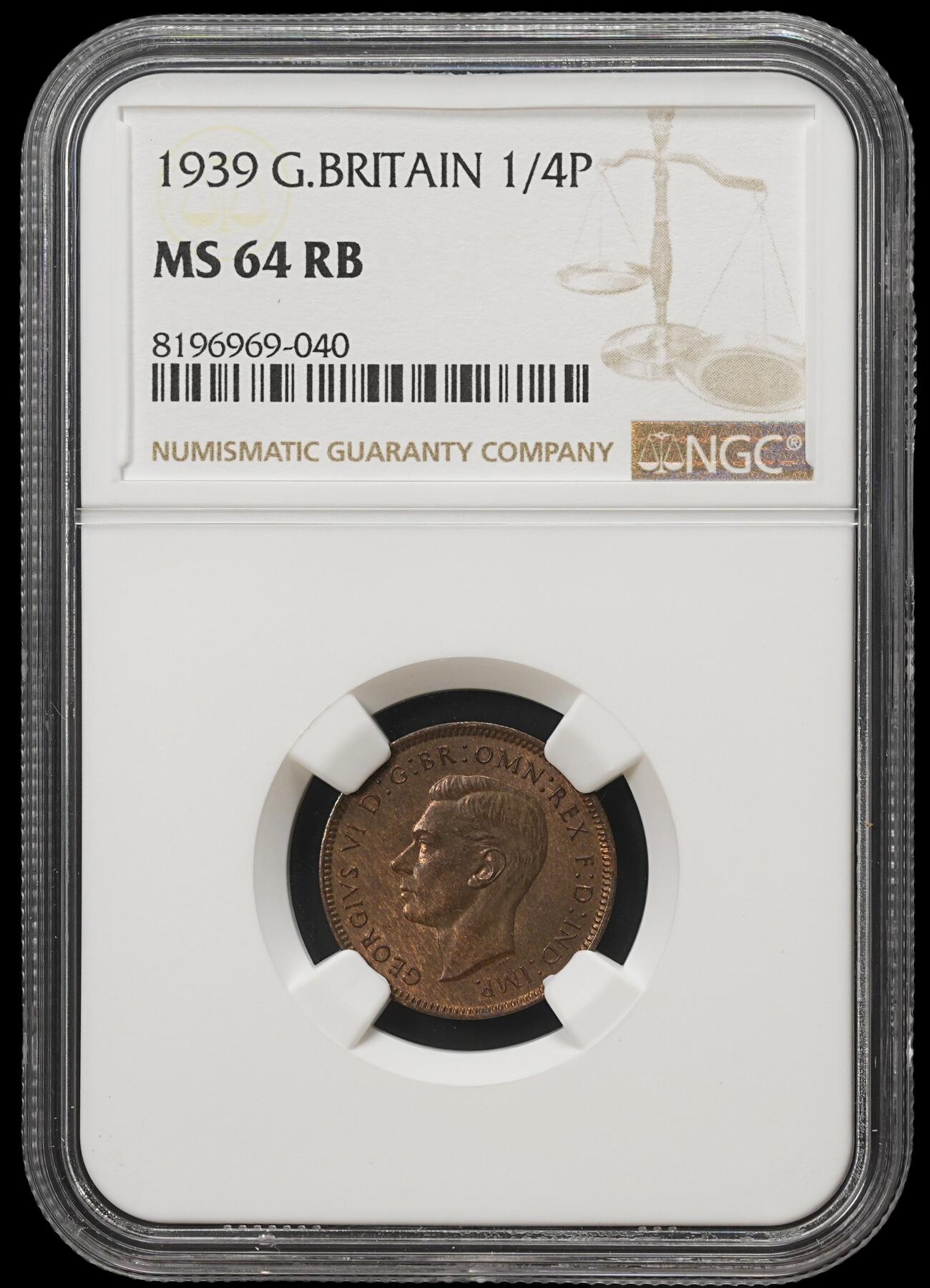 修遠堂世界钱币第四十一期 全场包邮 NGC MS64RB 1939年英国1法新铜币