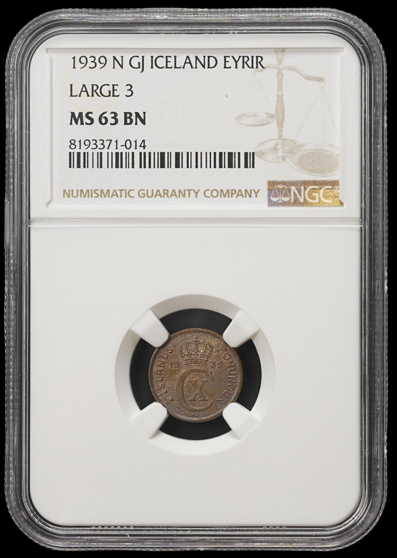 修遠堂世界钱币第四十一期 全场包邮 NGC MS63BN 1939年冰岛1奥拉铜币