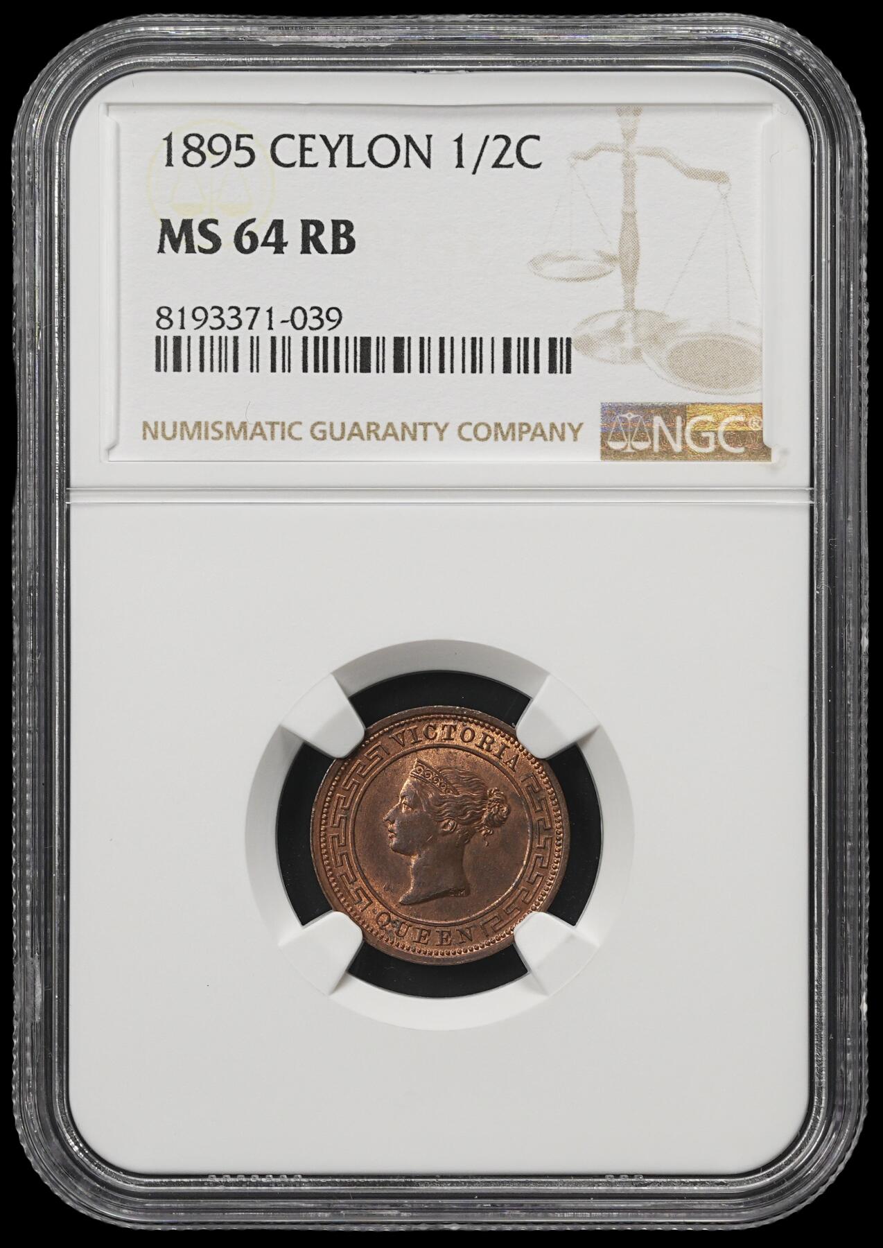 修遠堂世界钱币第四十一期 全场包邮 NGC MS64RB 1895年英属锡兰1/2分铜币