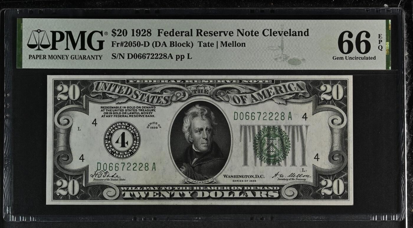 收藏联盟Quantum Auction 第380期拍卖  美国联邦1928年数字冠20美金 克利夫兰 PMG66   号码无4豹子号身 可在美联储兑换金币 稀少