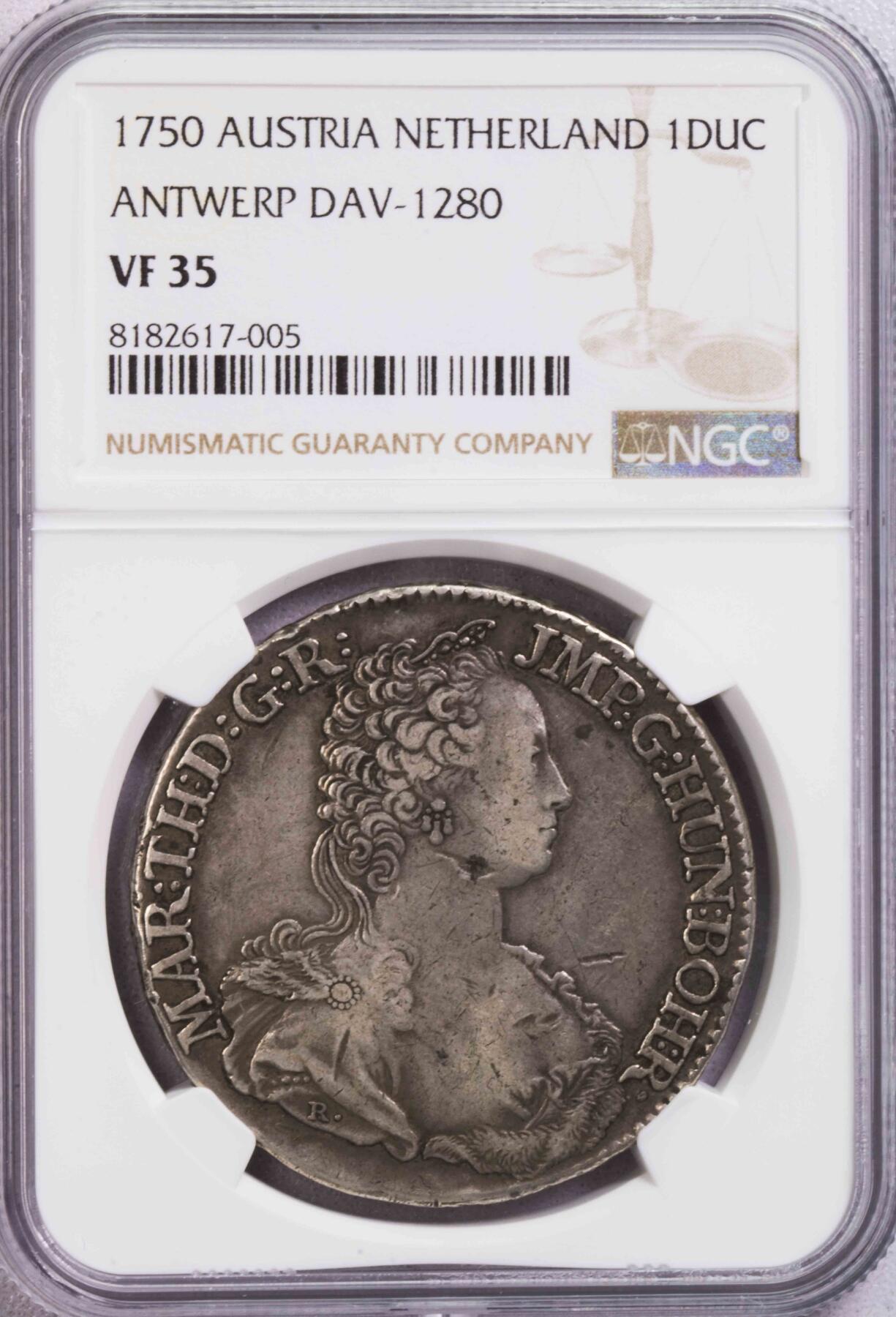 NGC-VF35 1750奥属尼德兰安特卫普1杜卡通大银币 原味