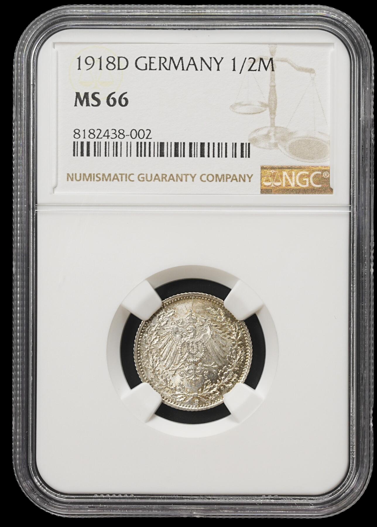 修遠堂世界钱币第四十一期 全场包邮 NGC MS66 1918年德国1/2马克银币