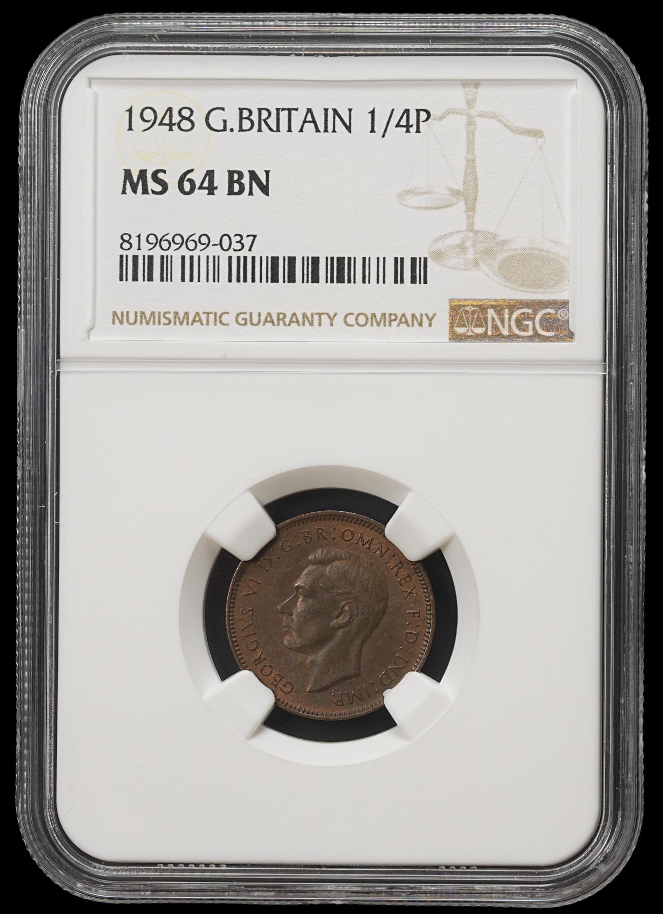 修遠堂世界钱币第四十一期 全场包邮 NGC MS64BN 1948年英国1法新铜币