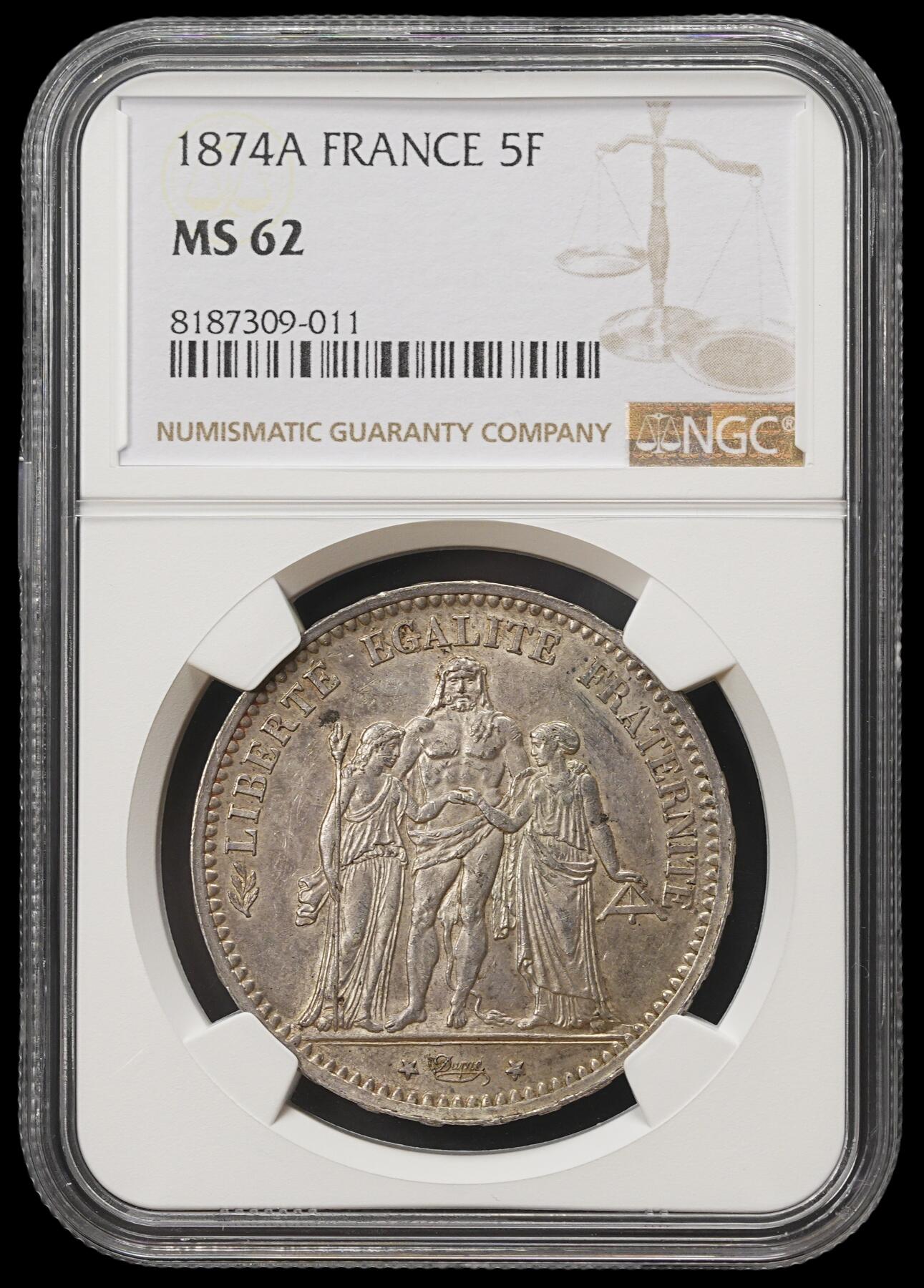 修遠堂世界钱币第四十一期 全场包邮 NGC MS62 1874年法国大力神5法郎大银币 A厂铭