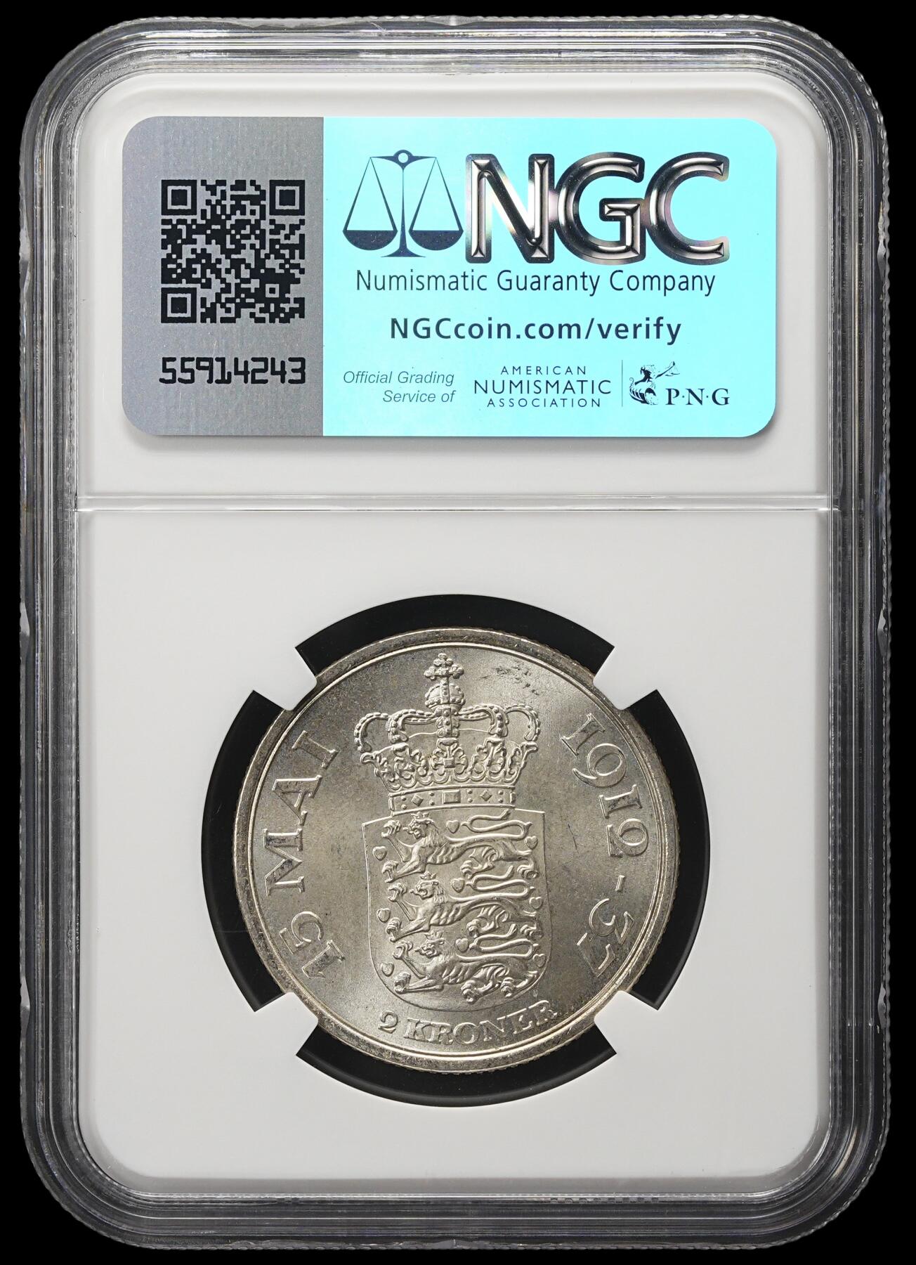 修遠堂世界钱币第四十一期 全场包邮 NGC MS65 1937丹麦国王执政25周年纪念2克朗银币