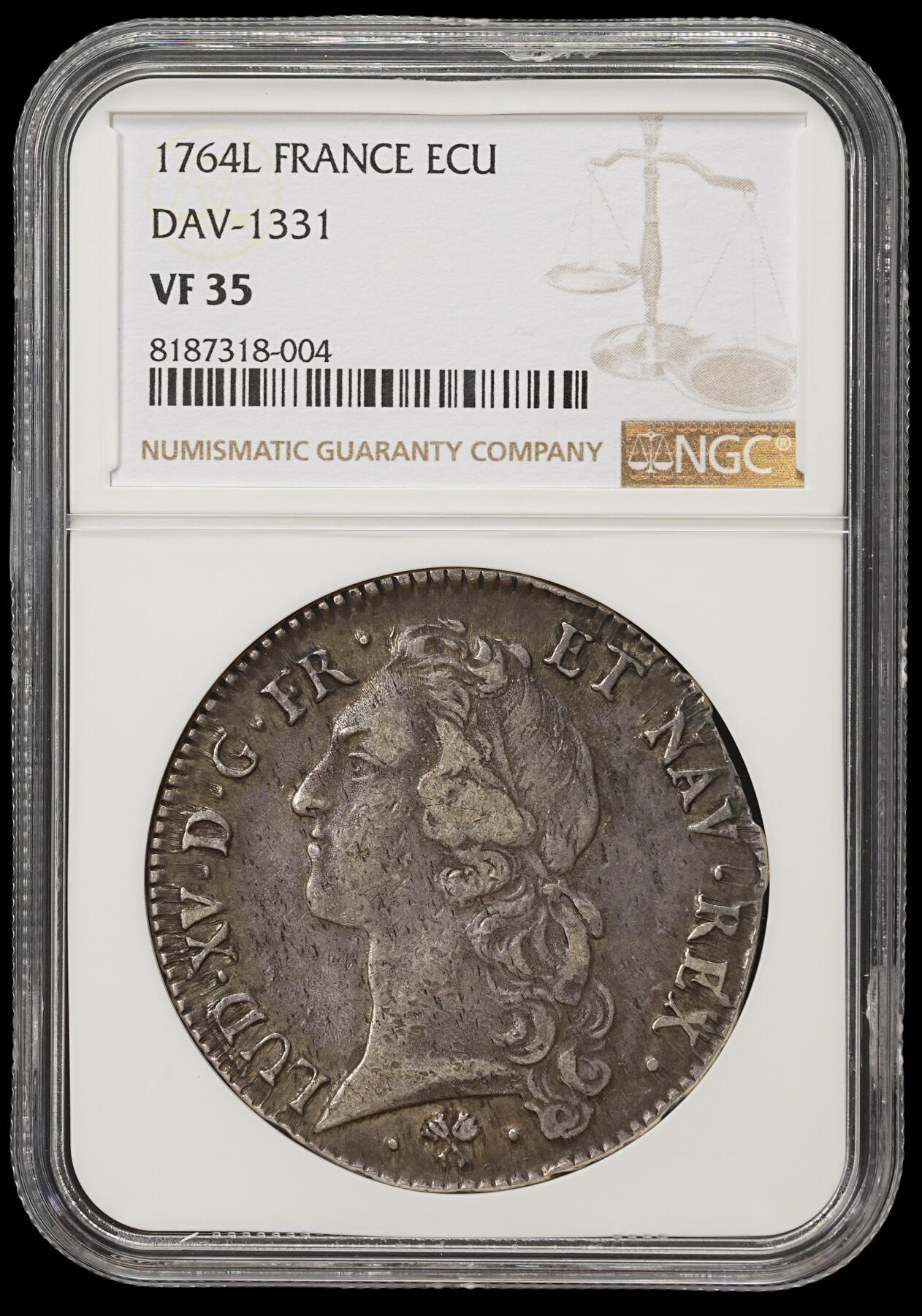 修遠堂世界钱币第四十一期 全场包邮 NGC VF35 1764年法国1埃居大银币 路易十五 L厂铭