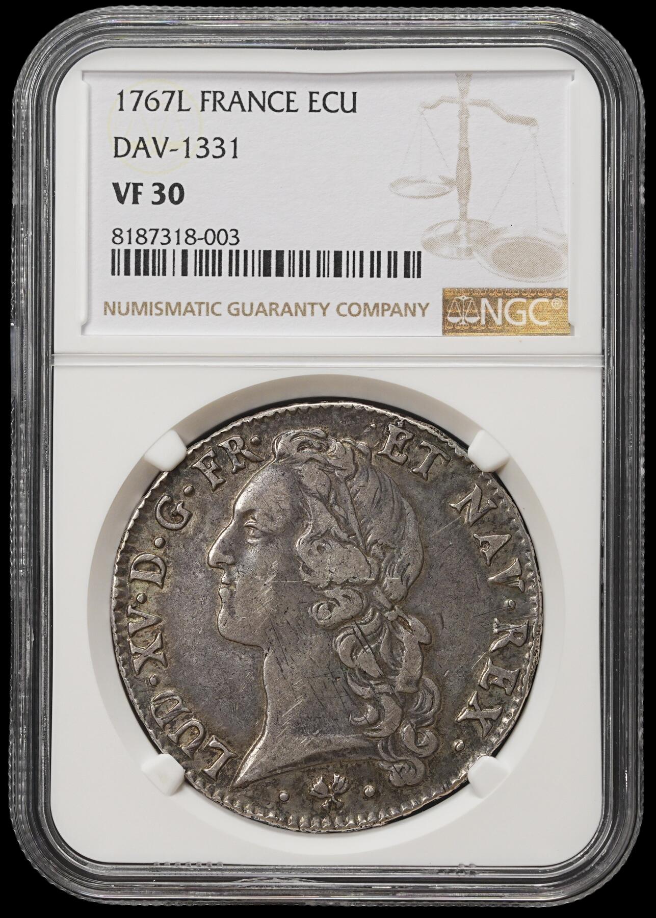修遠堂世界钱币第四十一期 全场包邮 NGC VF35 1767年法国1埃居大银币 路易十五 L厂铭