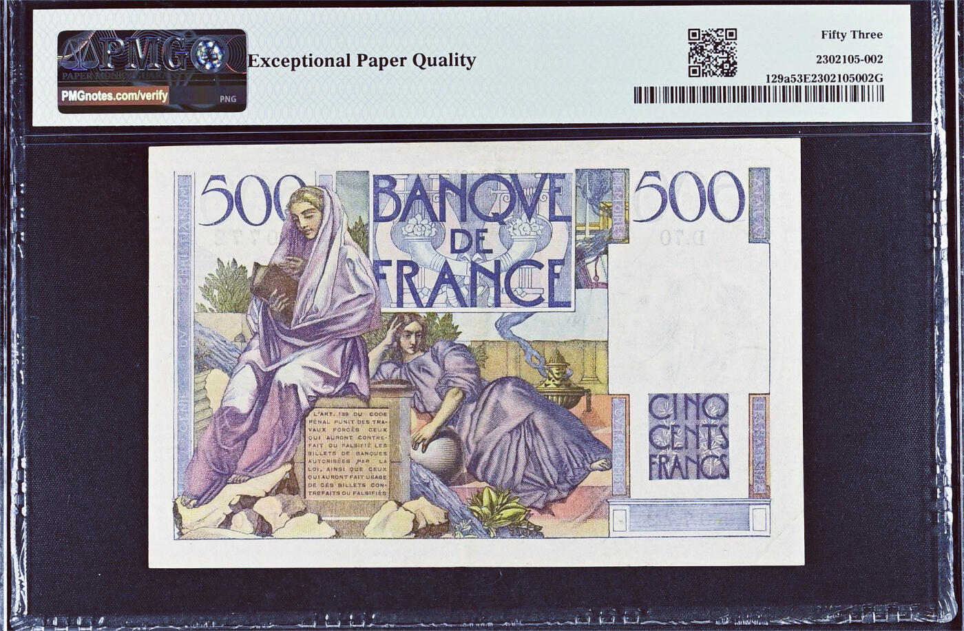 【Blue Auction】✨世界纸币精拍第552期【精】 【a版】法国 1946年500法郎 夏多布里昂 PMG53EPQ 原票