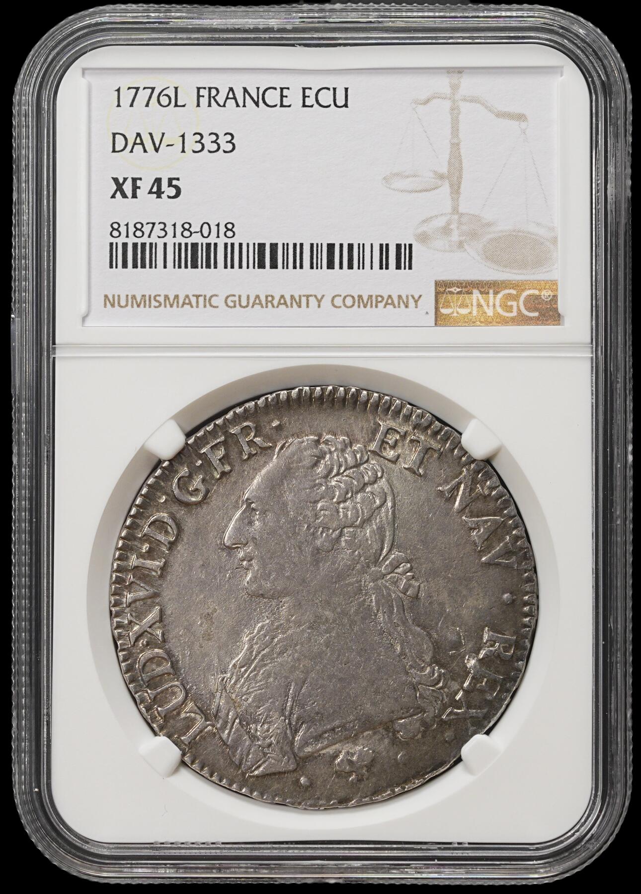 修遠堂世界钱币第四十一期 全场包邮 NGC XF45 1776年法国1埃居大银币 路易十六 L厂铭