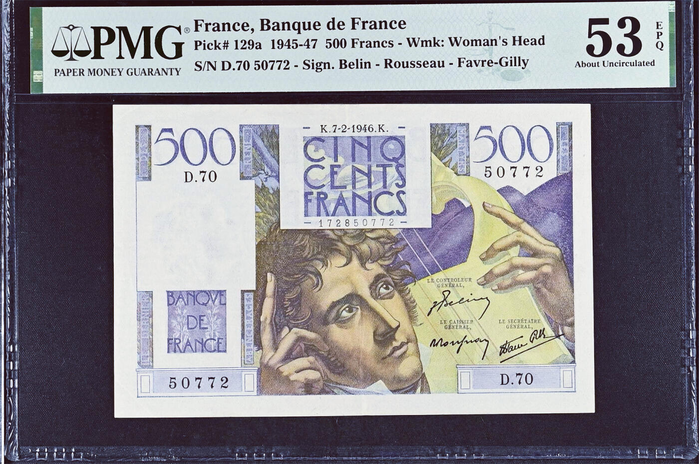 【Blue Auction】✨世界纸币精拍第552期【精】 【a版】法国 1946年500法郎 夏多布里昂 PMG53EPQ 原票