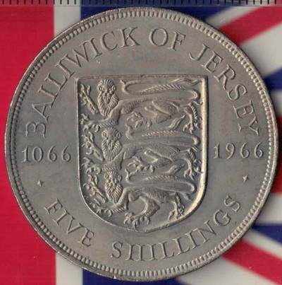泽西岛1966年5先令 900周年纪念币 欧洲硬币 实物图 AUNC 泽西岛1966年5先令 900周年纪念币 欧洲硬币 实物图 AUNC
