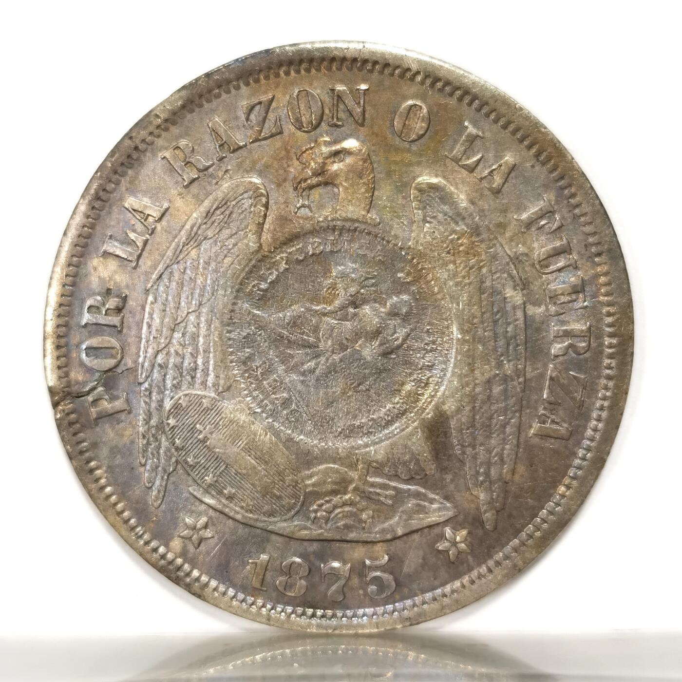 博洋堂世界钱币拍卖第093期（全场包邮） 危地马拉1894年加盖1875年智利秃鹰比索银币，稀见品种，常见为加盖秘鲁