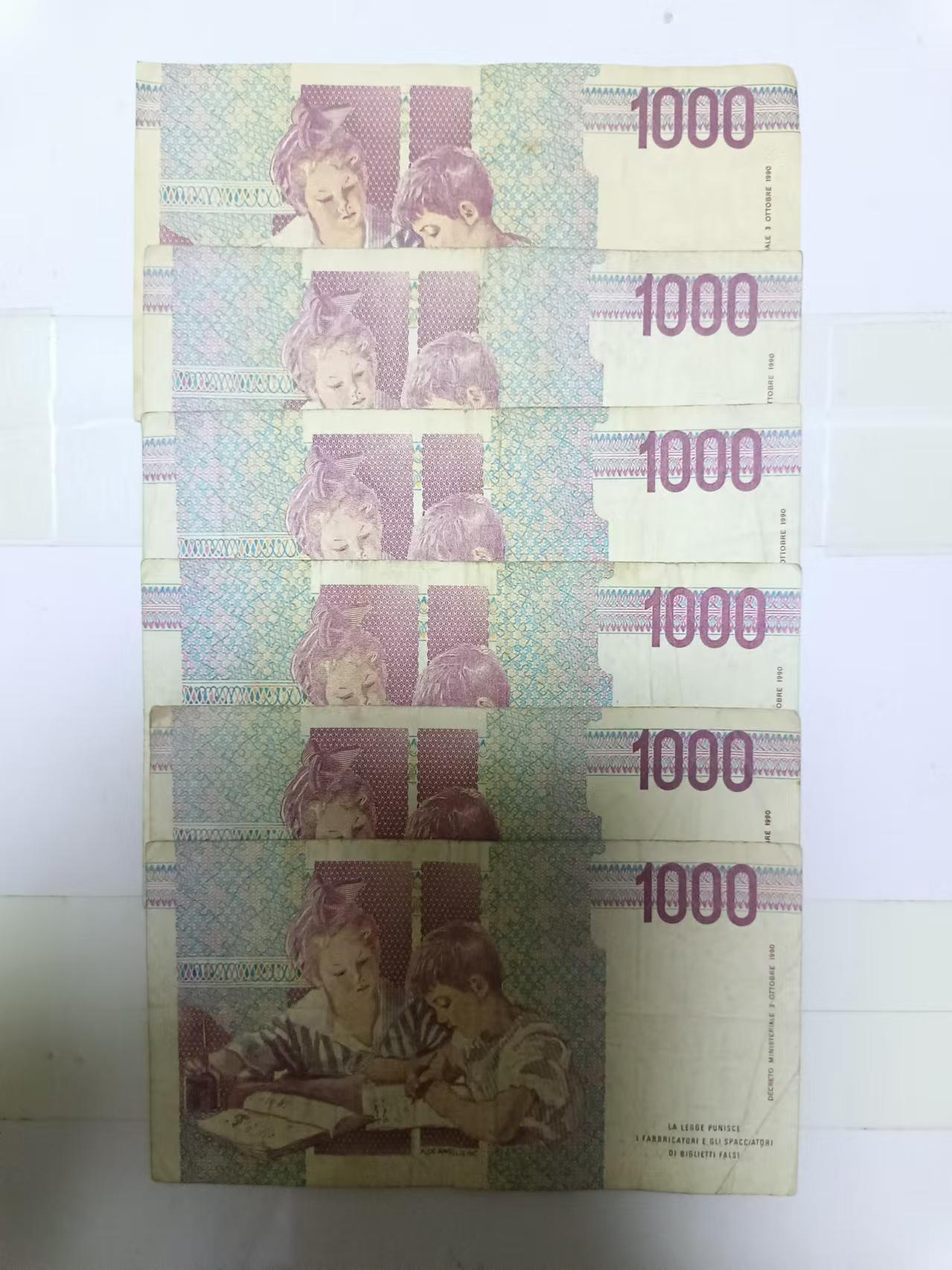 【20241001】非全新纸币第170场 意大利1000里拉6张纸币，有裂缝