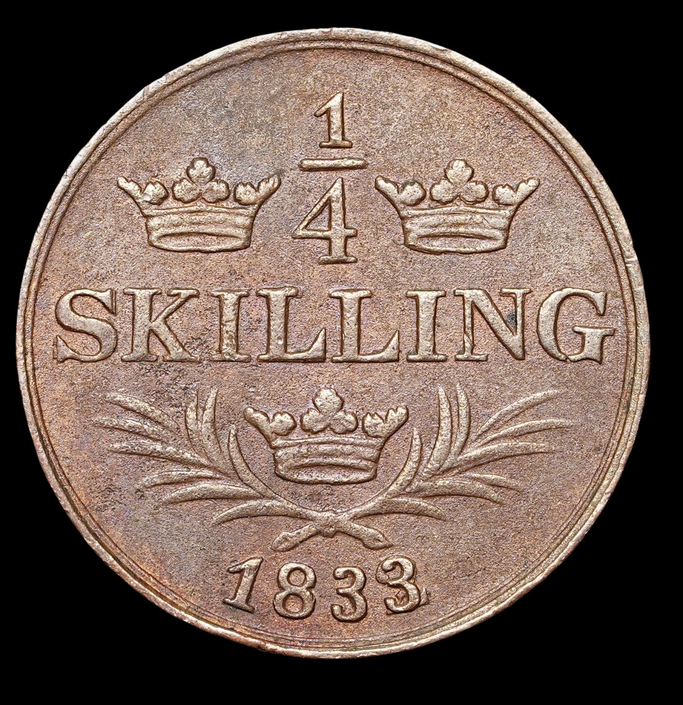 修遠堂世界钱币第四十一期 全场包邮 1833年瑞典1/4 SKILLING铜币 仅铸造9.6万枚 4g