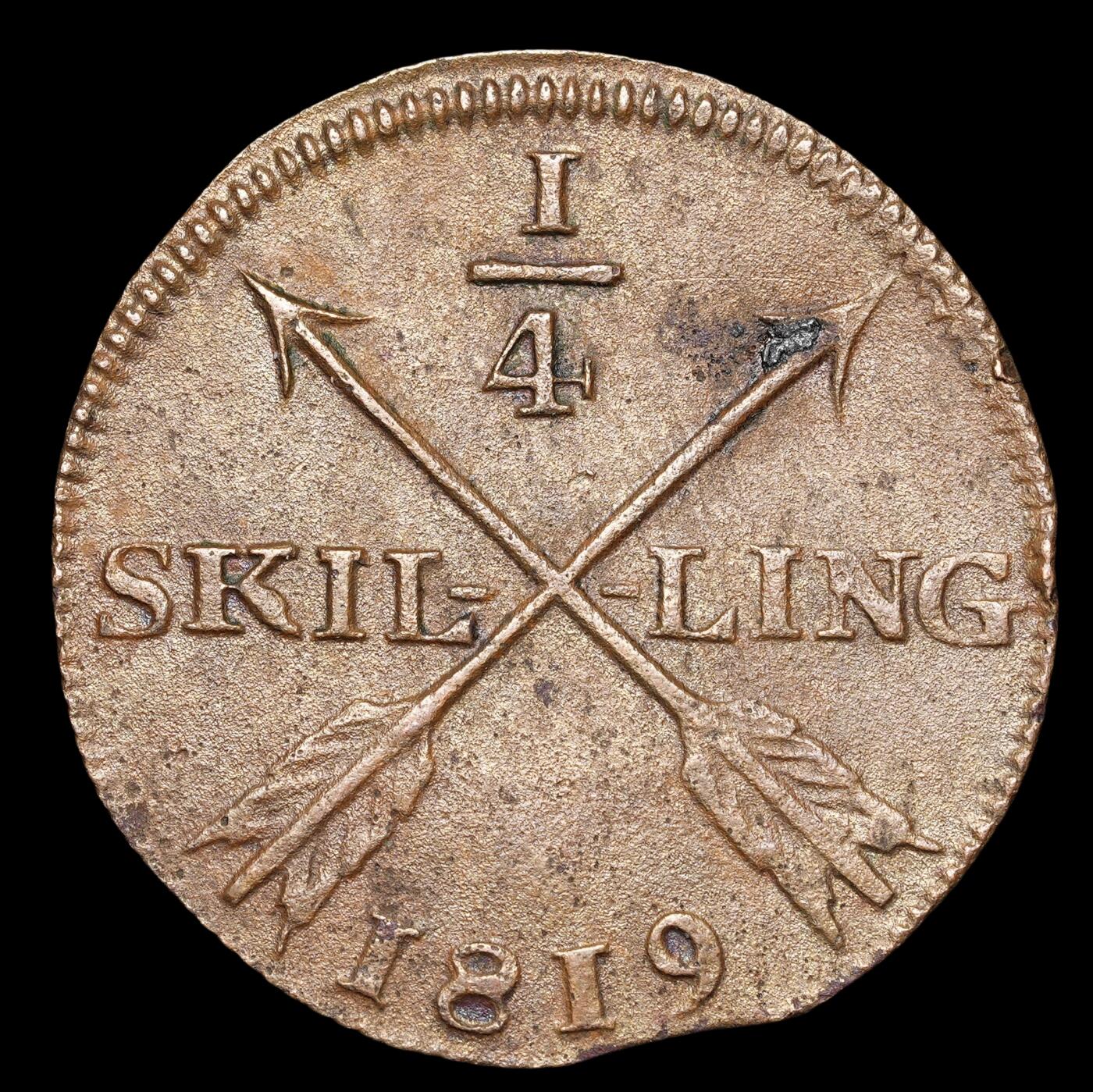 修遠堂世界钱币第四十一期 全场包邮 1819年瑞典1/4 SKILLING铜币 3.14g