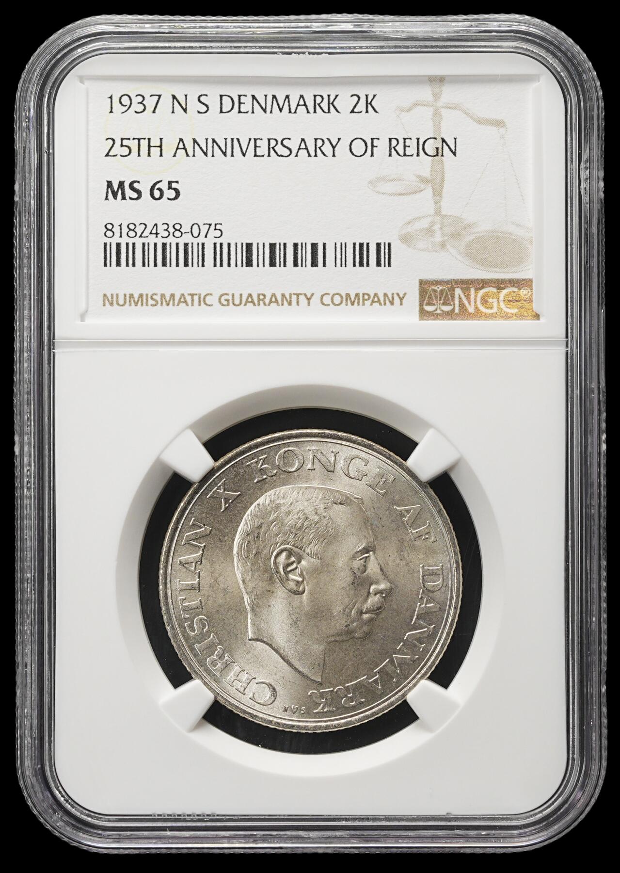 修遠堂世界钱币第四十一期 全场包邮 NGC MS65 1937丹麦国王执政25周年纪念2克朗银币